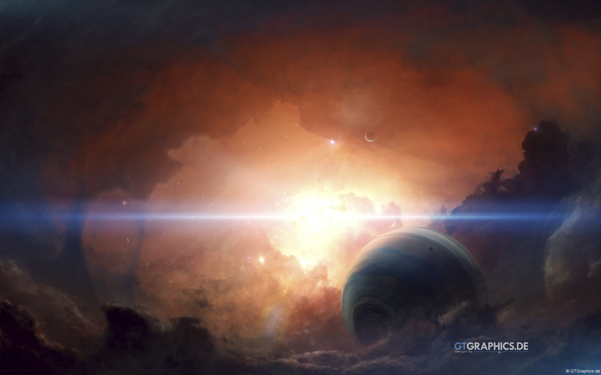 Planet and nebula with bright light and lens flare HD Wallpaper