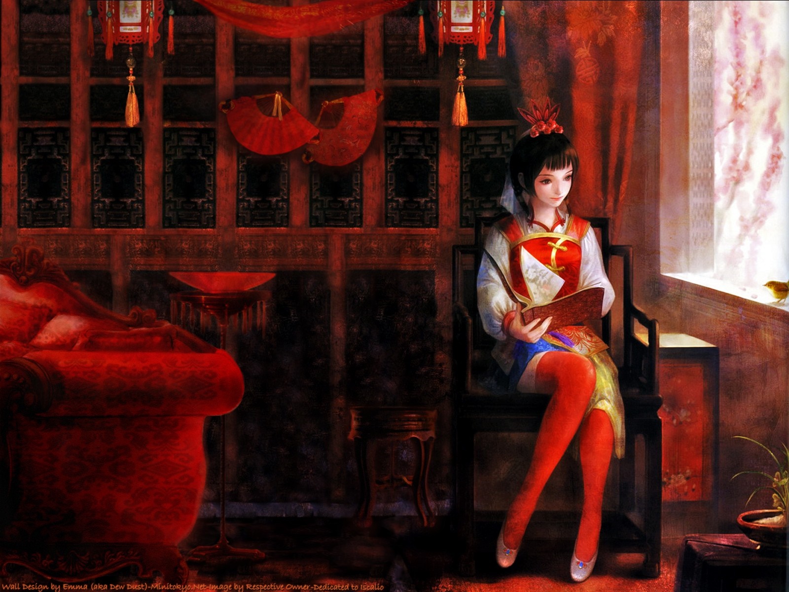 Anime girl reading a book in a red room HD Wallpaper