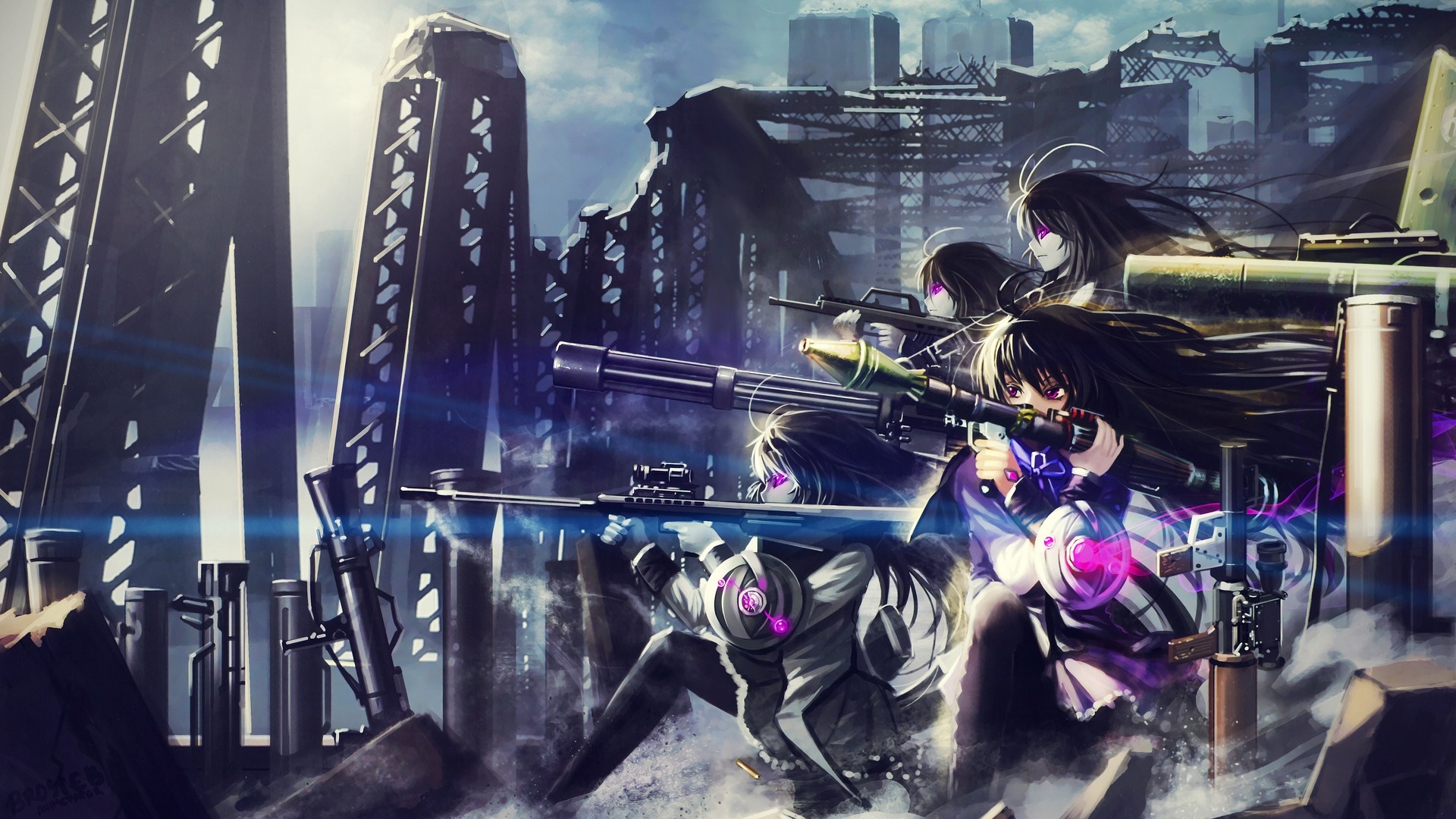 Anime girls with guns in a destroyed city HD Wallpaper