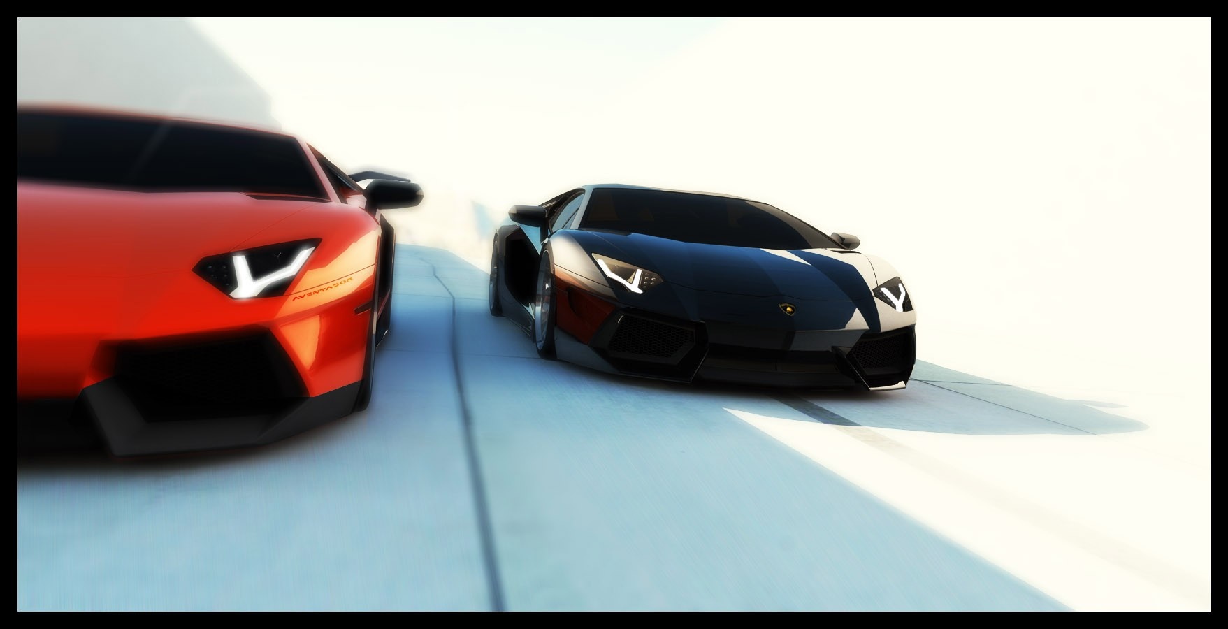Two Lamborghini Aventador sports cars on a white surface HD Wallpaper