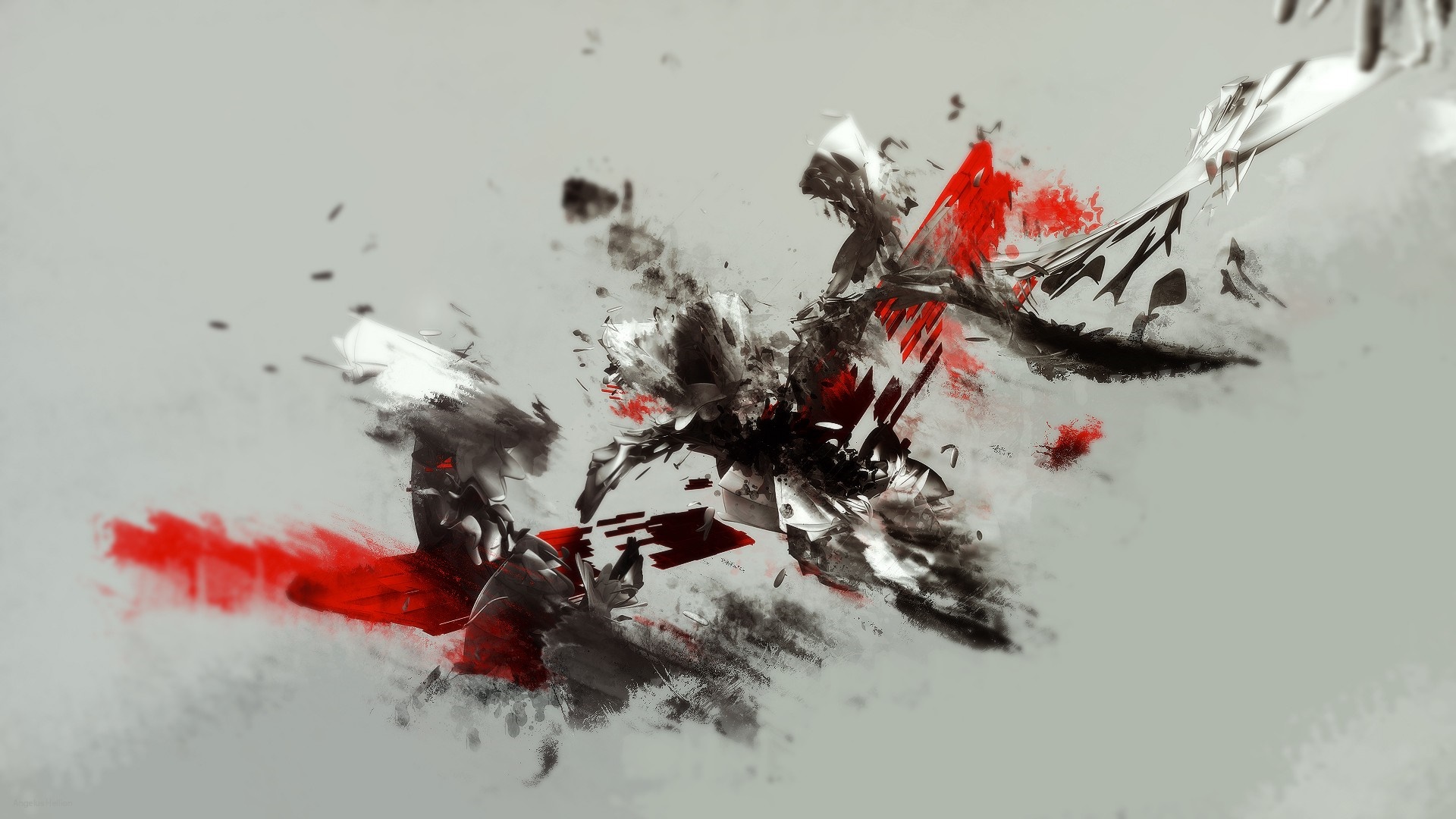 Abstract explosion of red, black, and white shapes HD Wallpaper