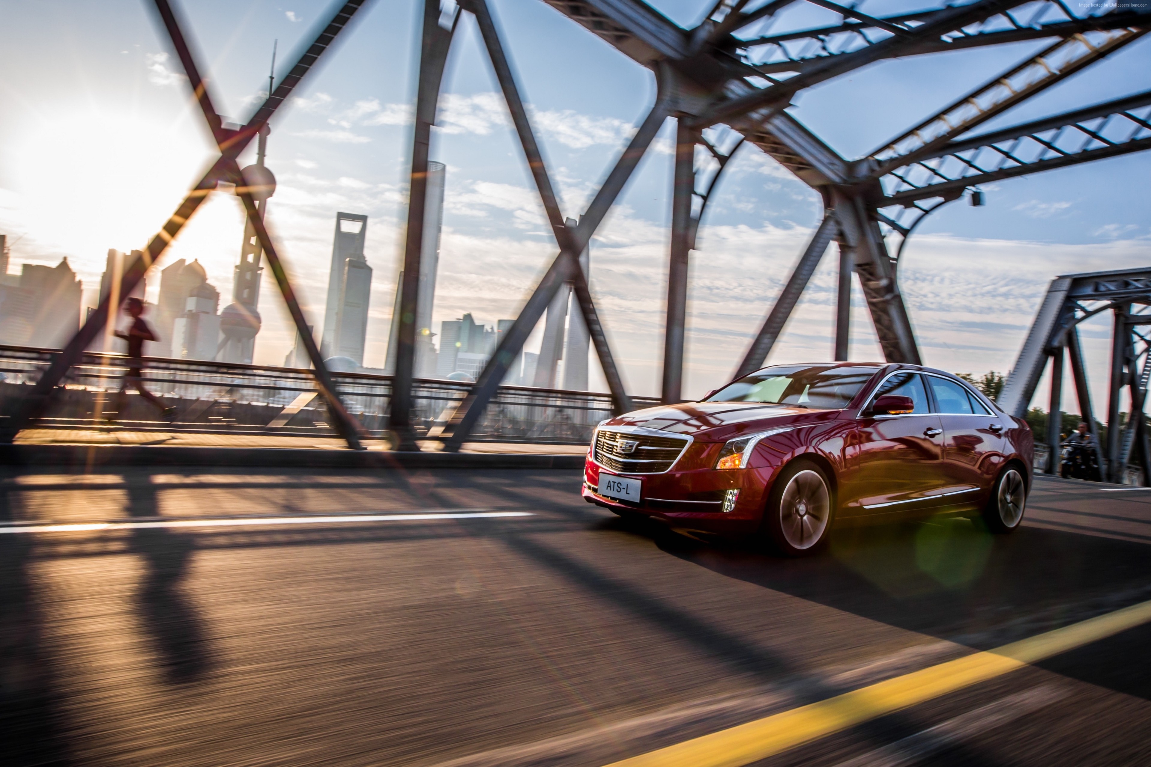 Red Cadillac ATS-L driving on a bridge in Shanghai HD Wallpaper