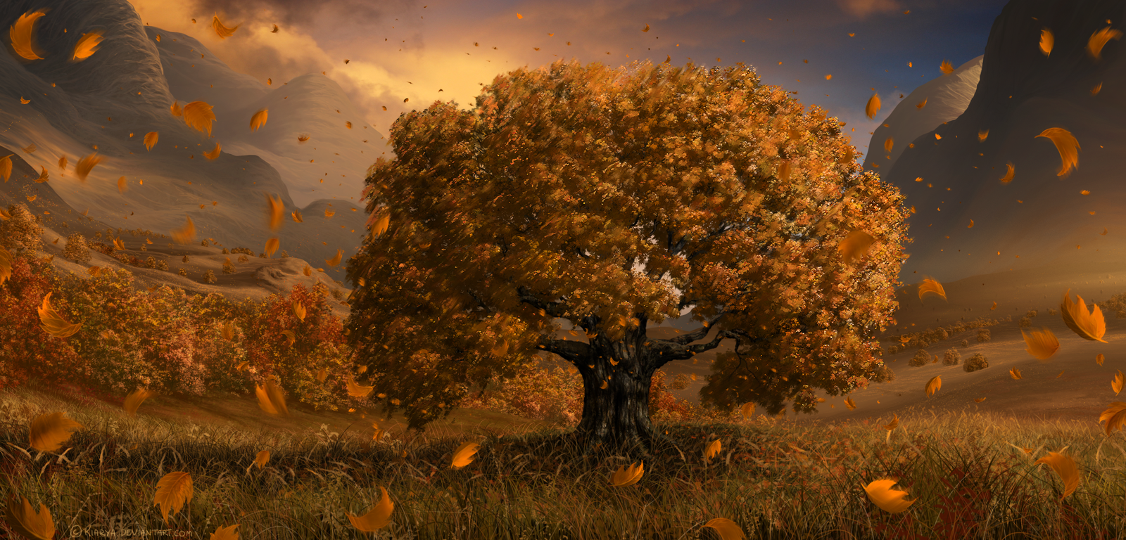 Autumn tree with falling leaves in a mountainous landscape HD Wallpaper