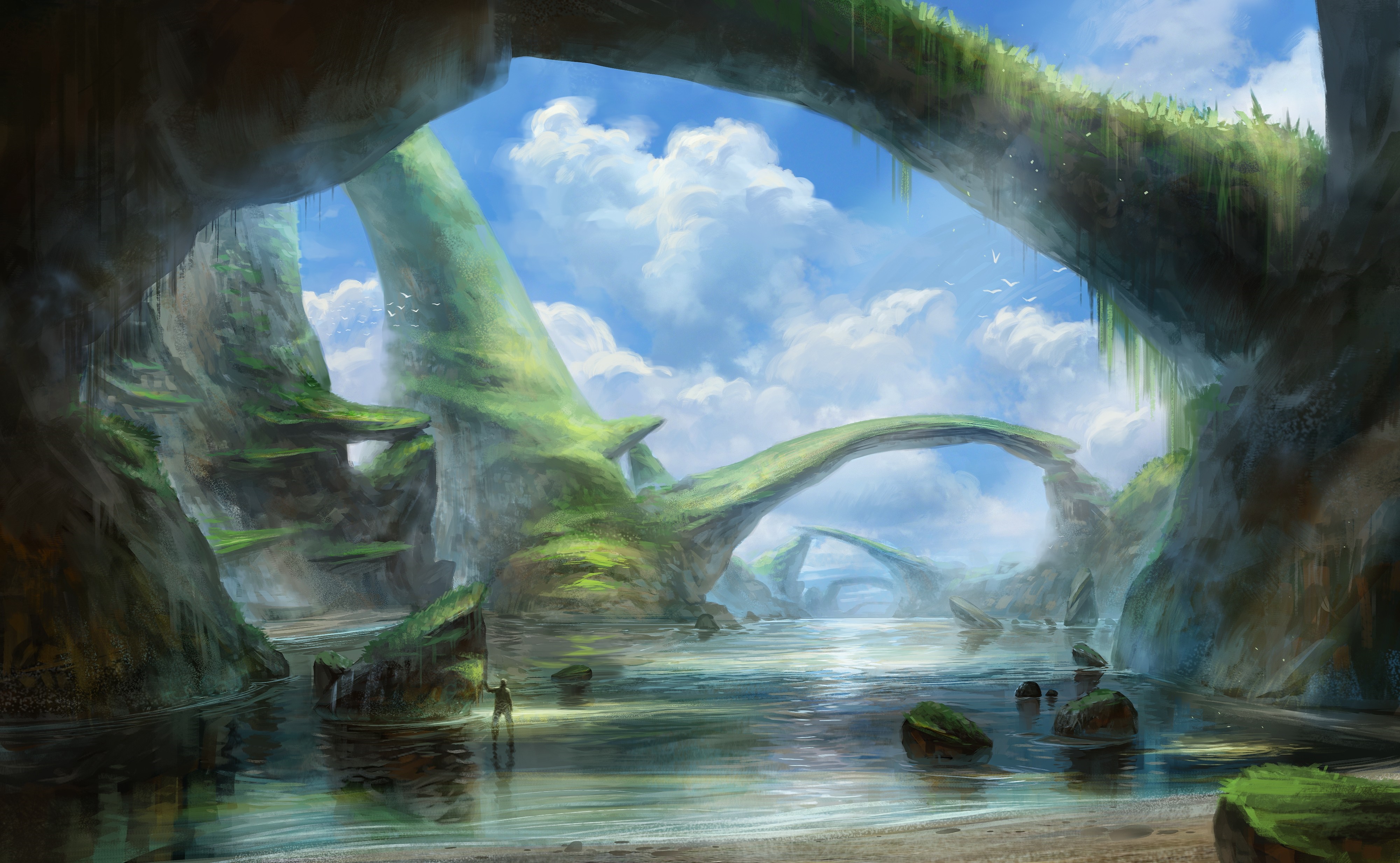 Fantasy landscape painting with natural arches and water HD Wallpaper