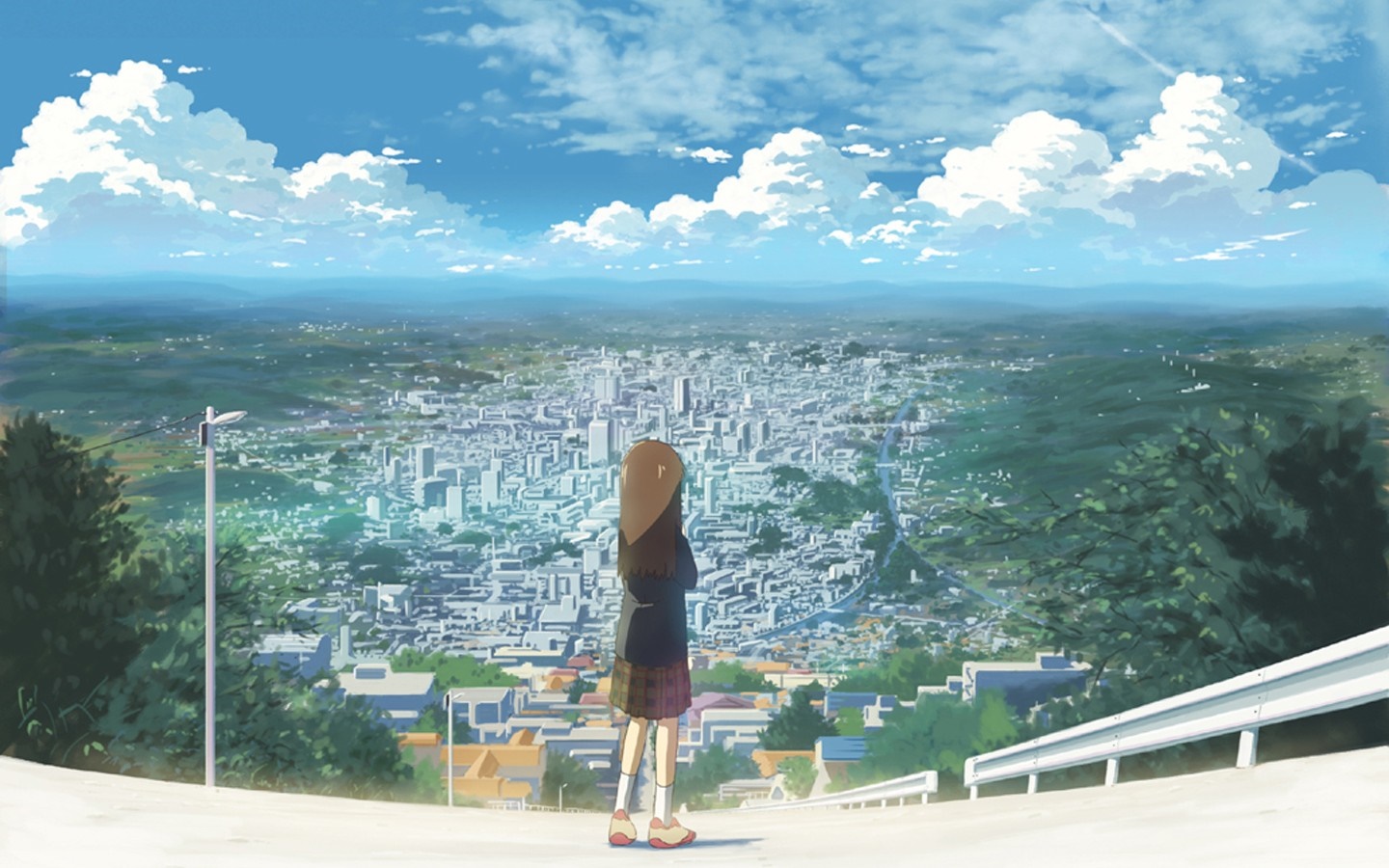 Anime girl overlooking a city from a hill HD Wallpaper