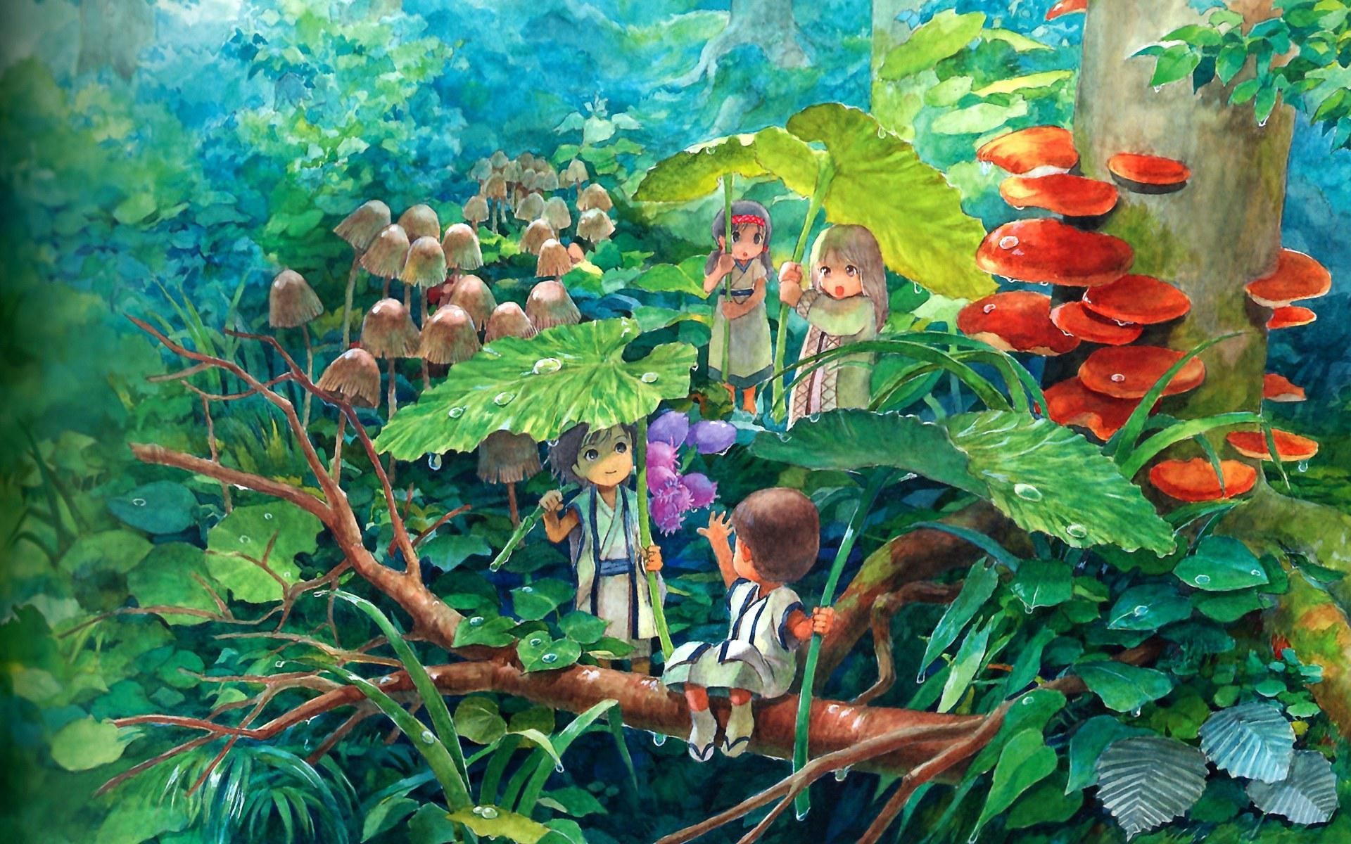 Children in a magical forest with mushrooms and large leaves HD Wallpaper