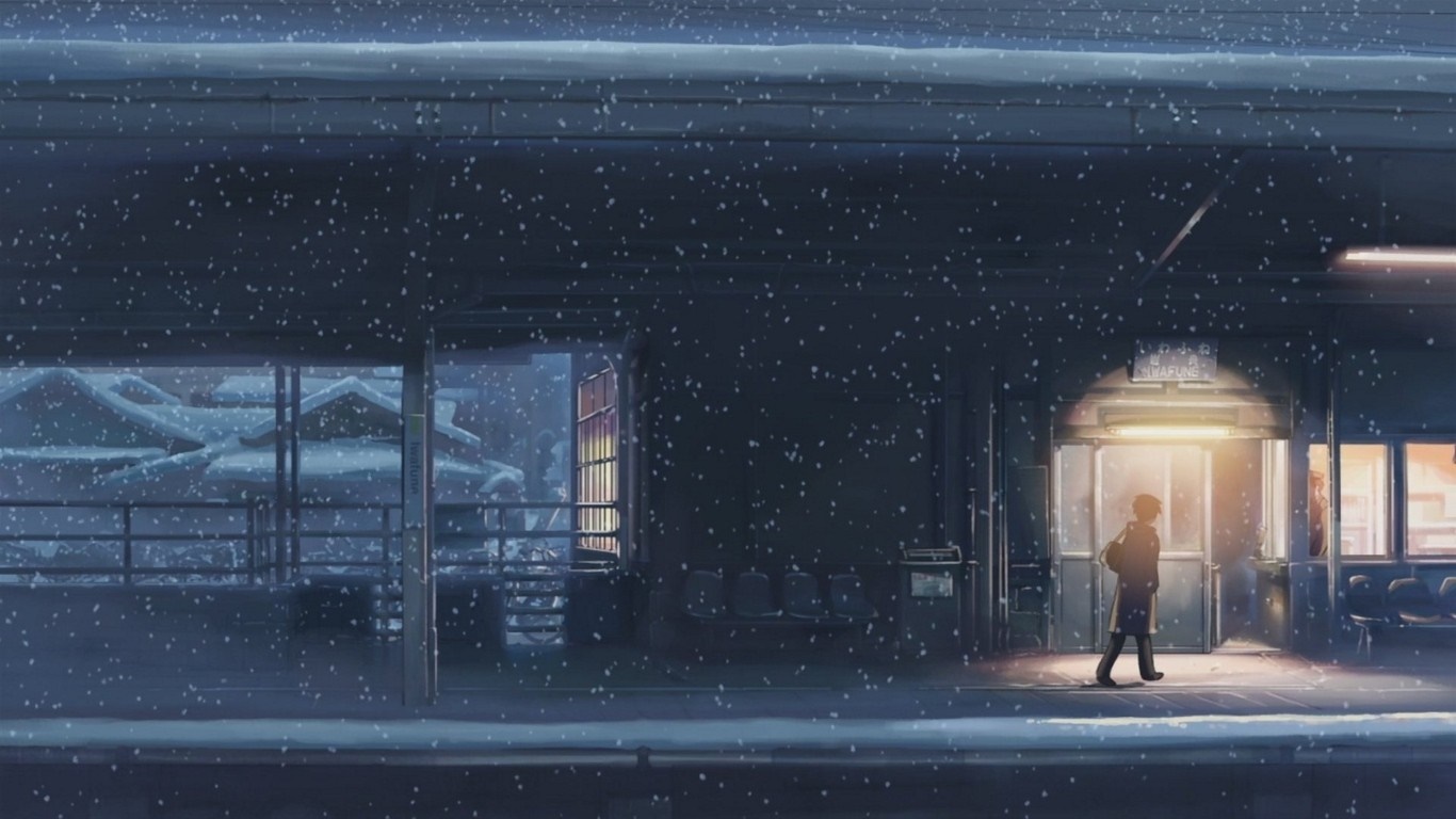 Anime train station at night with snow HD Wallpaper