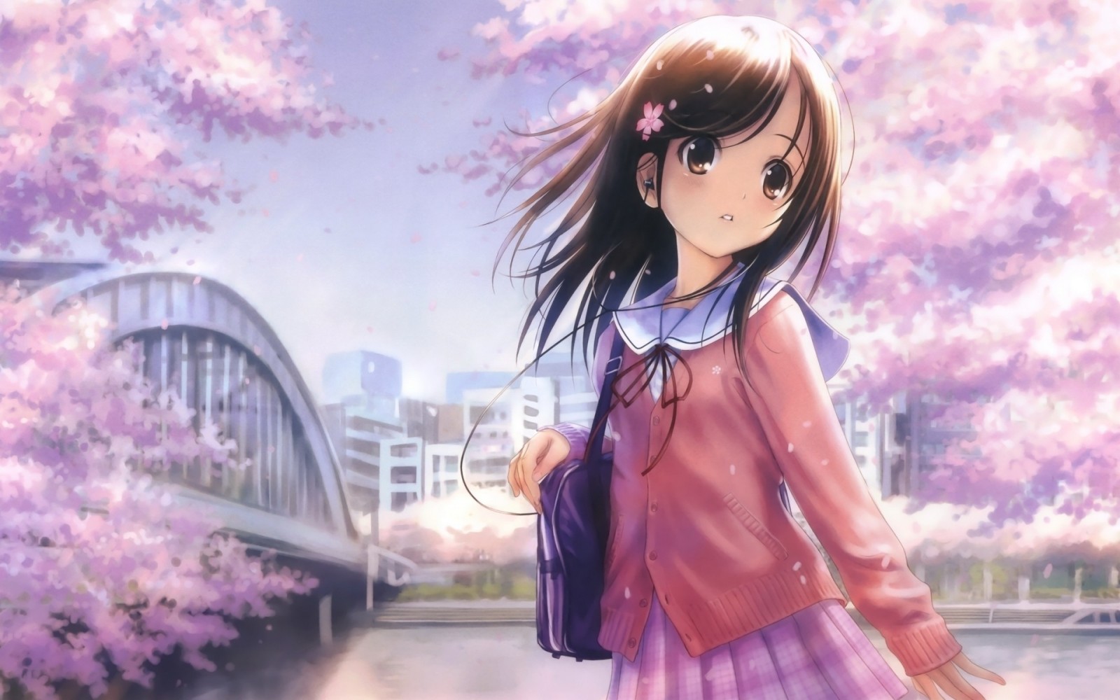 Anime girl in school uniform under cherry blossoms HD Wallpaper