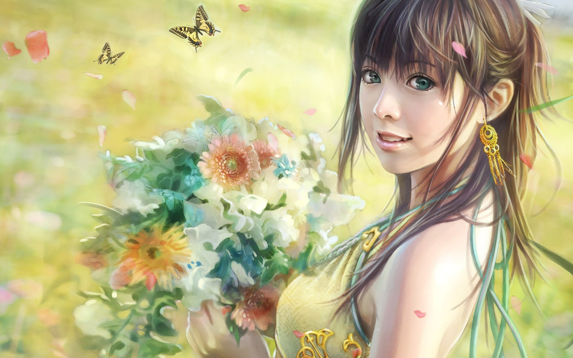 Anime girl with flowers and butterflies HD Wallpaper