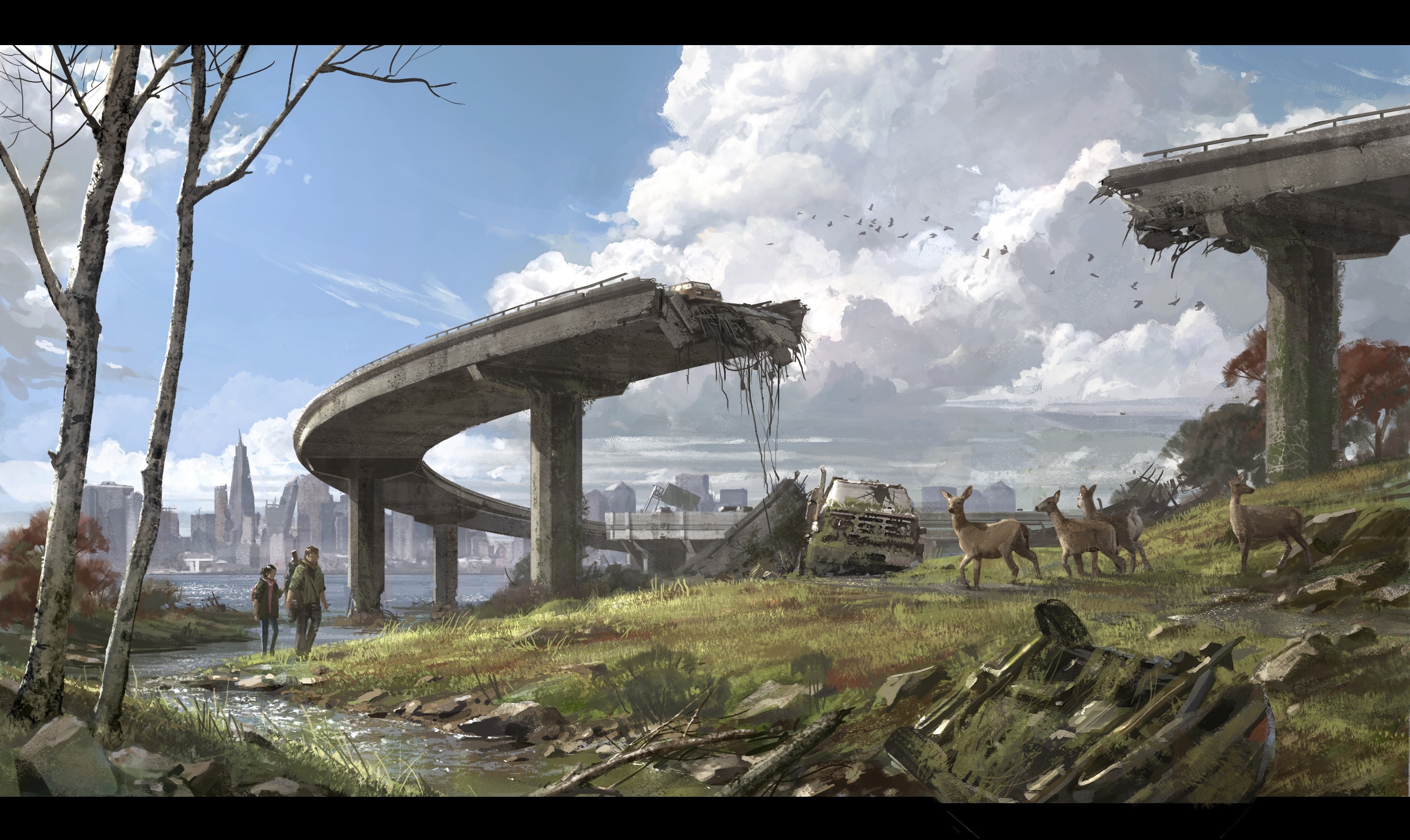 The Last of Us: Ruined Highway Overpass with Survivors and Deer HD Wallpaper