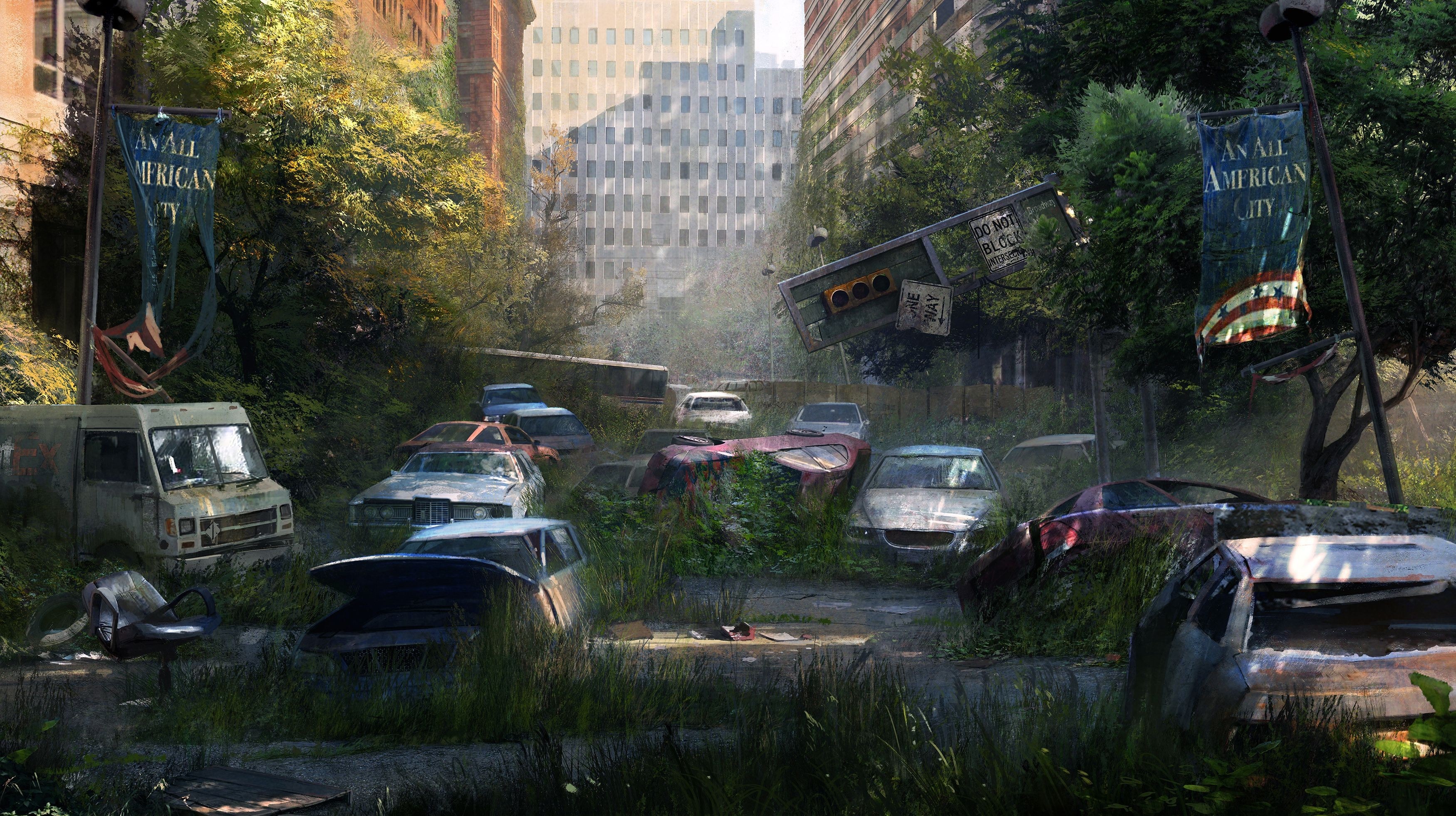 The Last of Us abandoned urban city with overgrown vegetation HD Wallpaper
