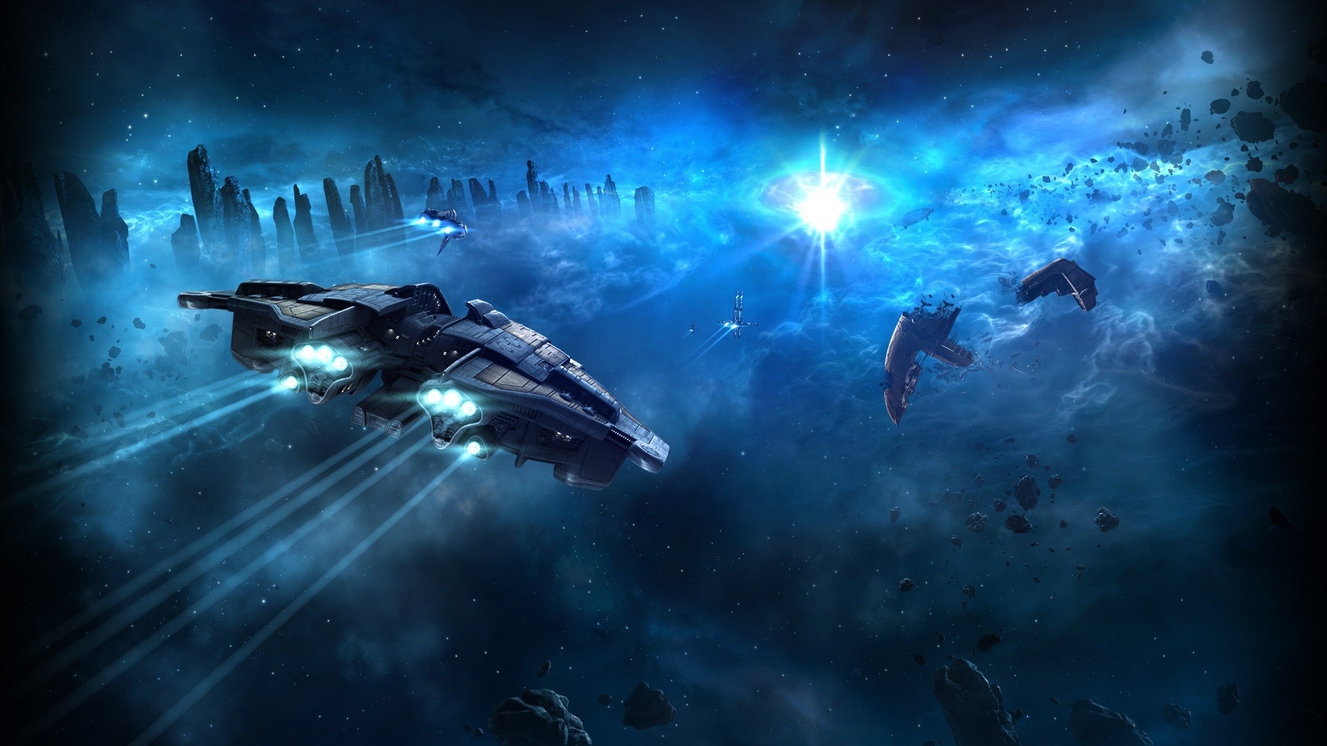 Spaceships in a blue nebula with asteroids HD Wallpaper