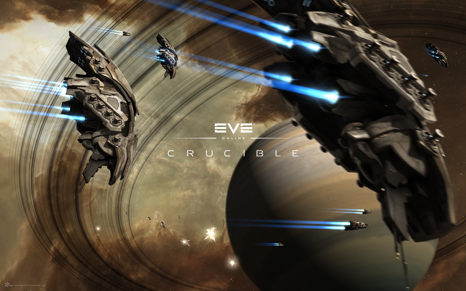 Spaceships in EVE Online: Crucible near a ringed planet HD Wallpaper