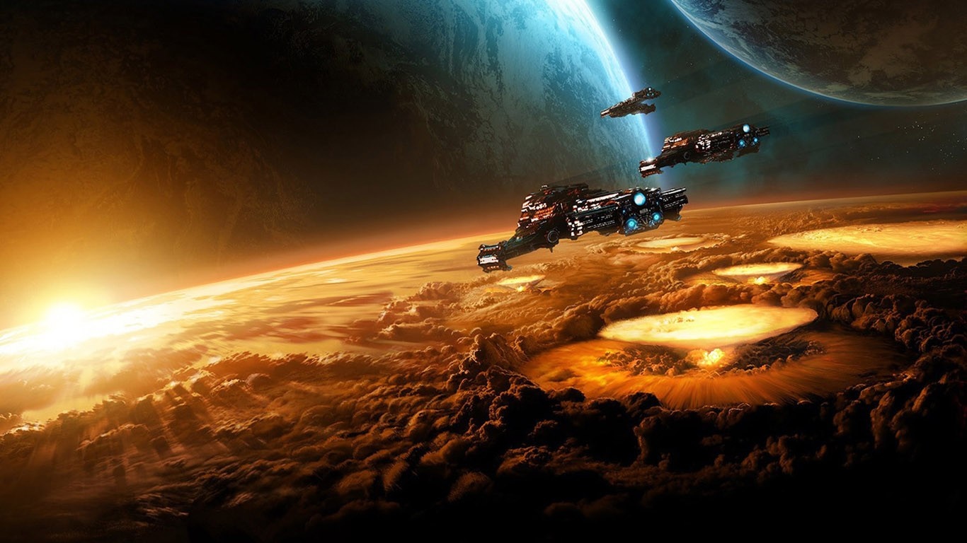 Starcraft II spaceships over a planet with explosions HD Wallpaper