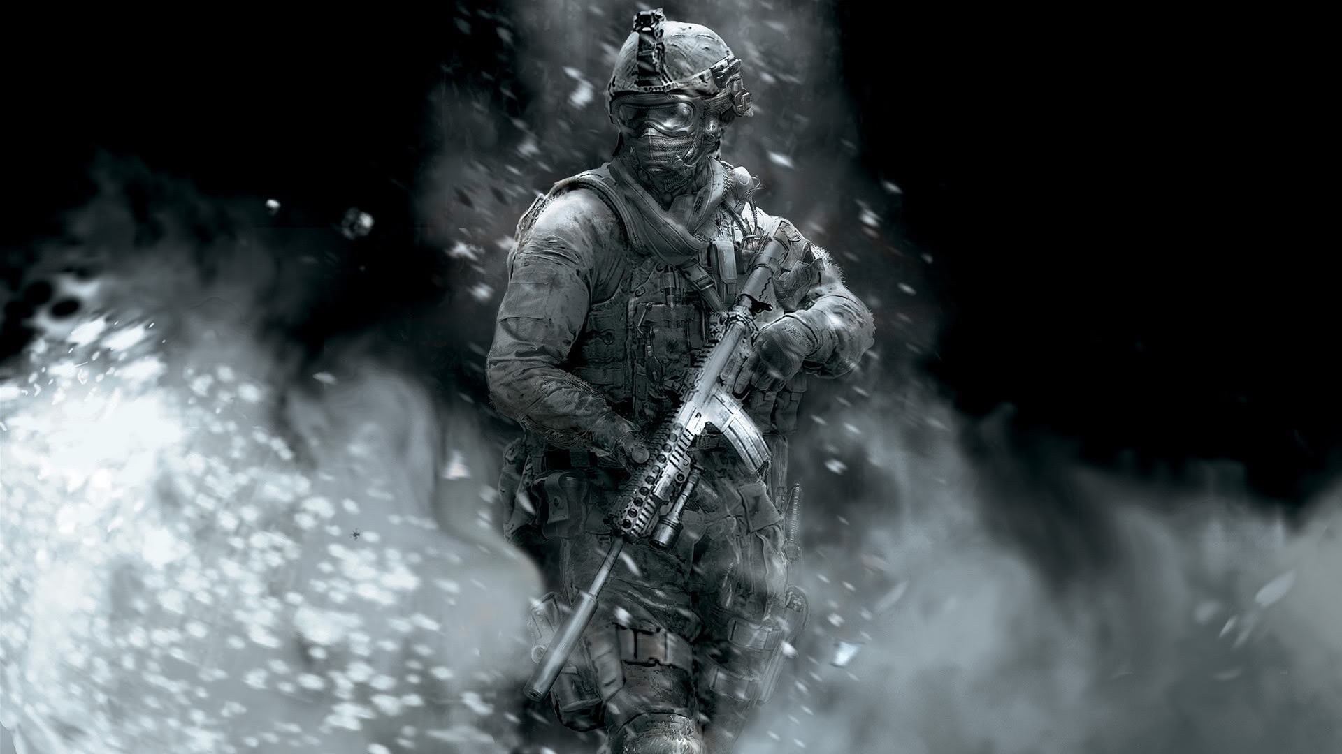 Soldier with rifle in snow and smoke HD Wallpaper