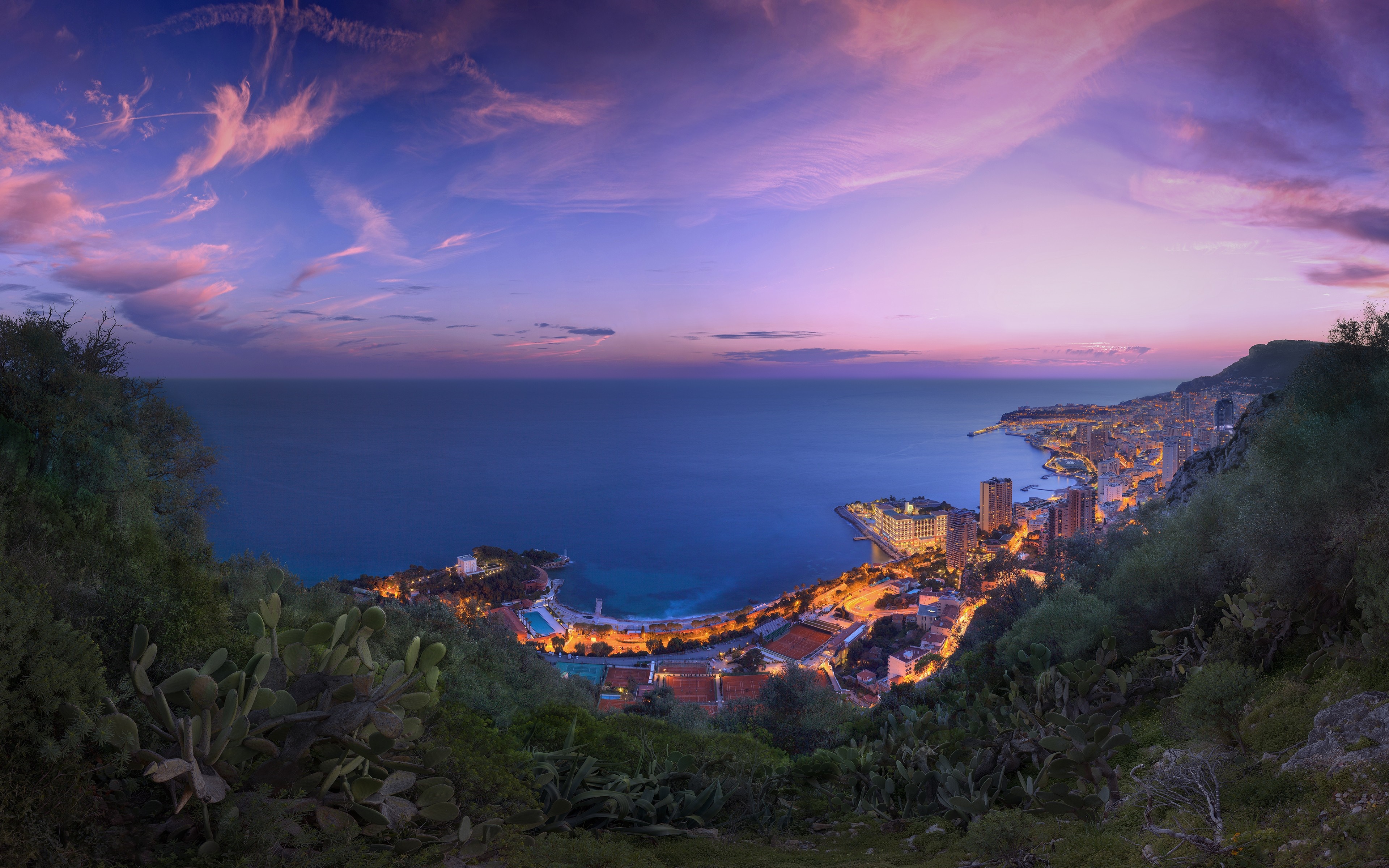 Panoramic view of Monaco coastline at sunset HD Wallpaper