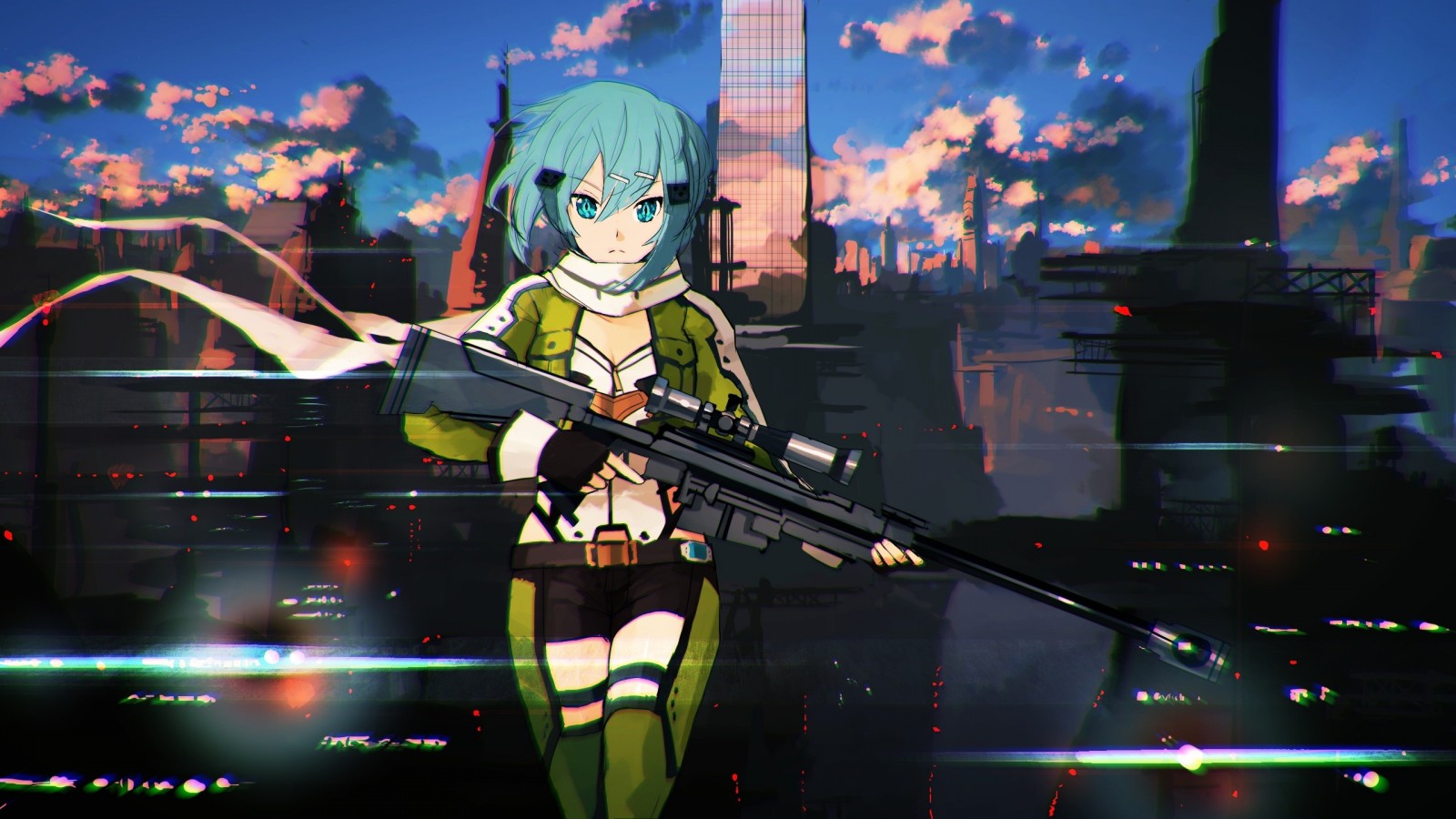 Sinon from Sword Art Online holding a sniper rifle HD Wallpaper