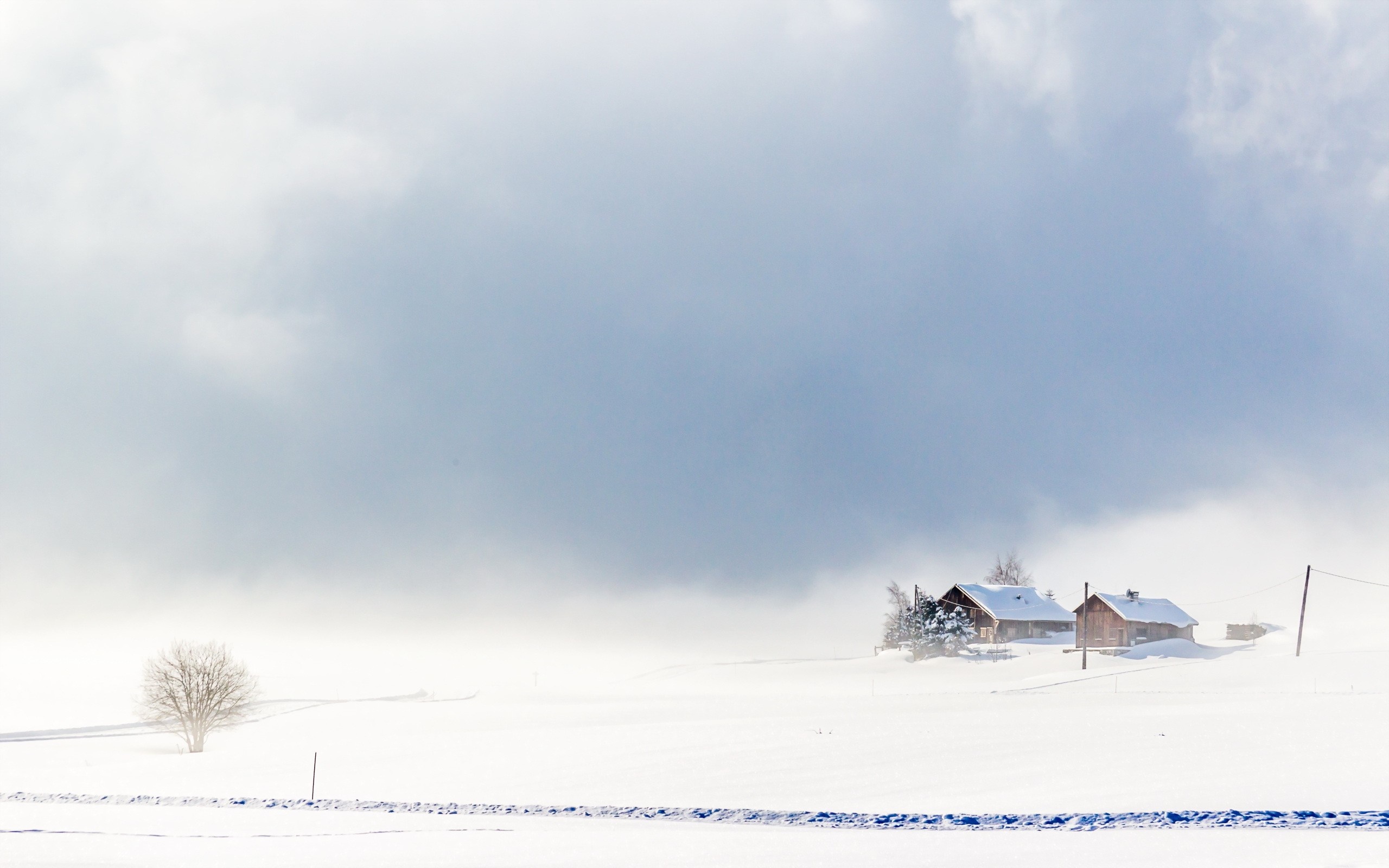 Snowy landscape with cabins and a bare tree under cloudy sky HD Wallpaper