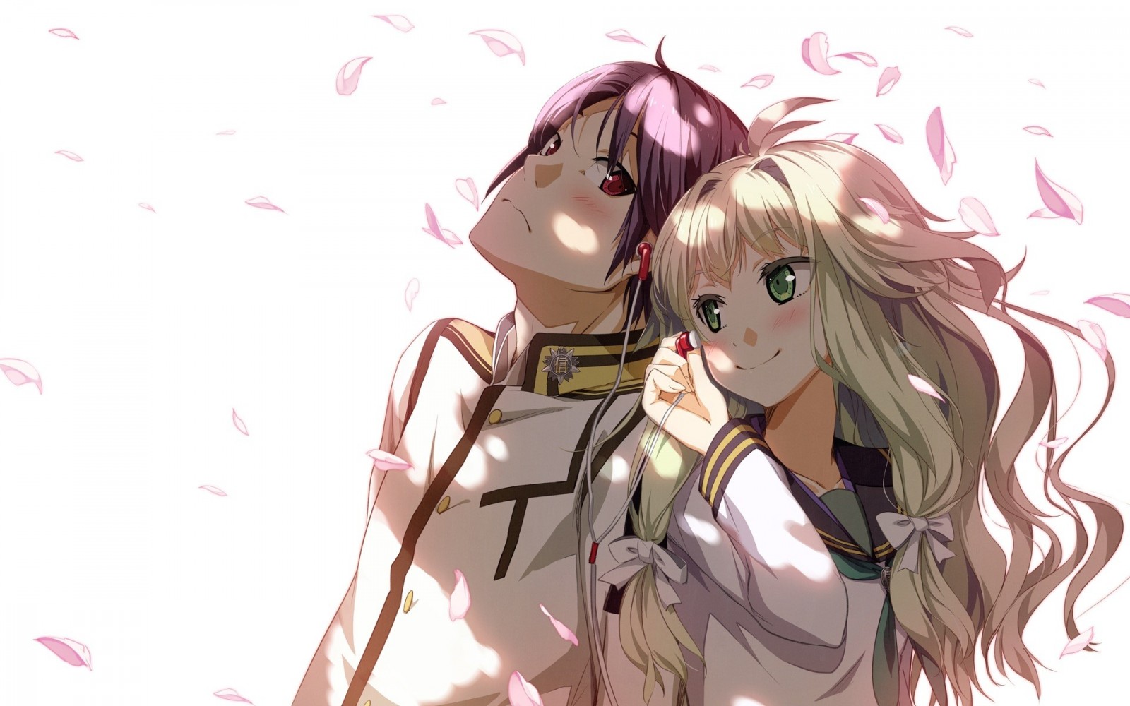 Anime couple sharing earphones with falling petals HD Wallpaper