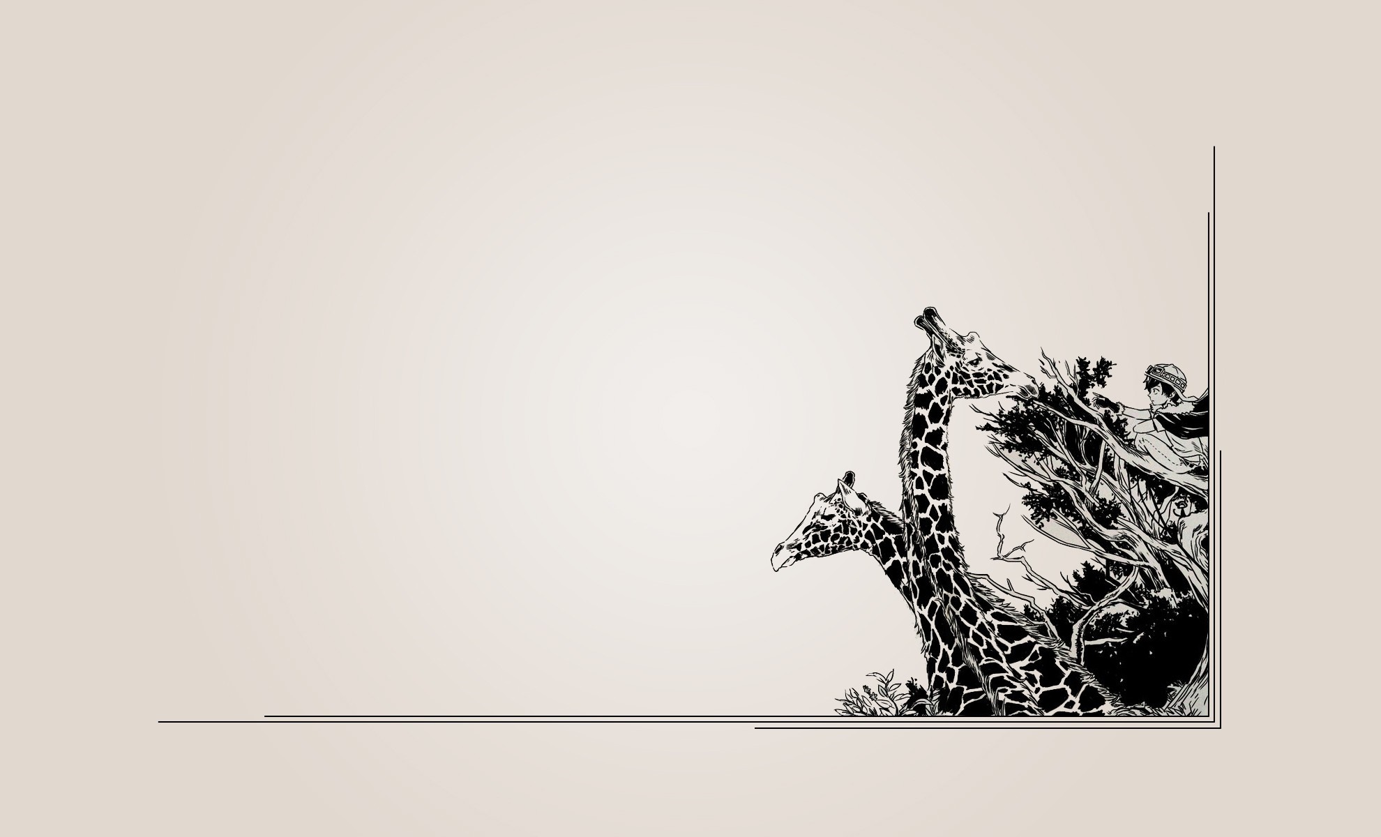Two giraffes and a person in trees, black and white illustration HD Wallpaper