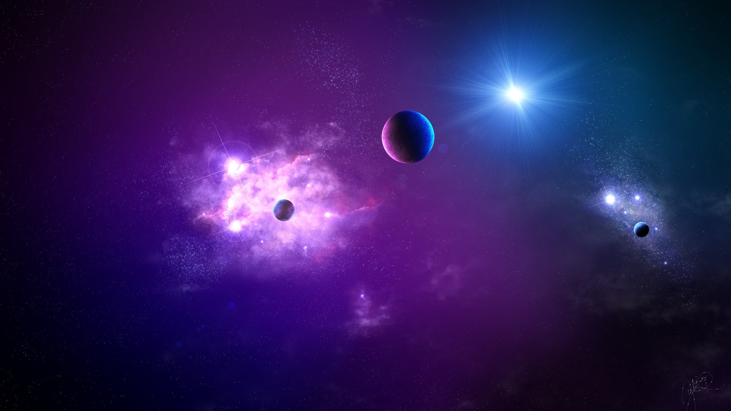 Digital art of planets and nebulae in outer space HD Wallpaper