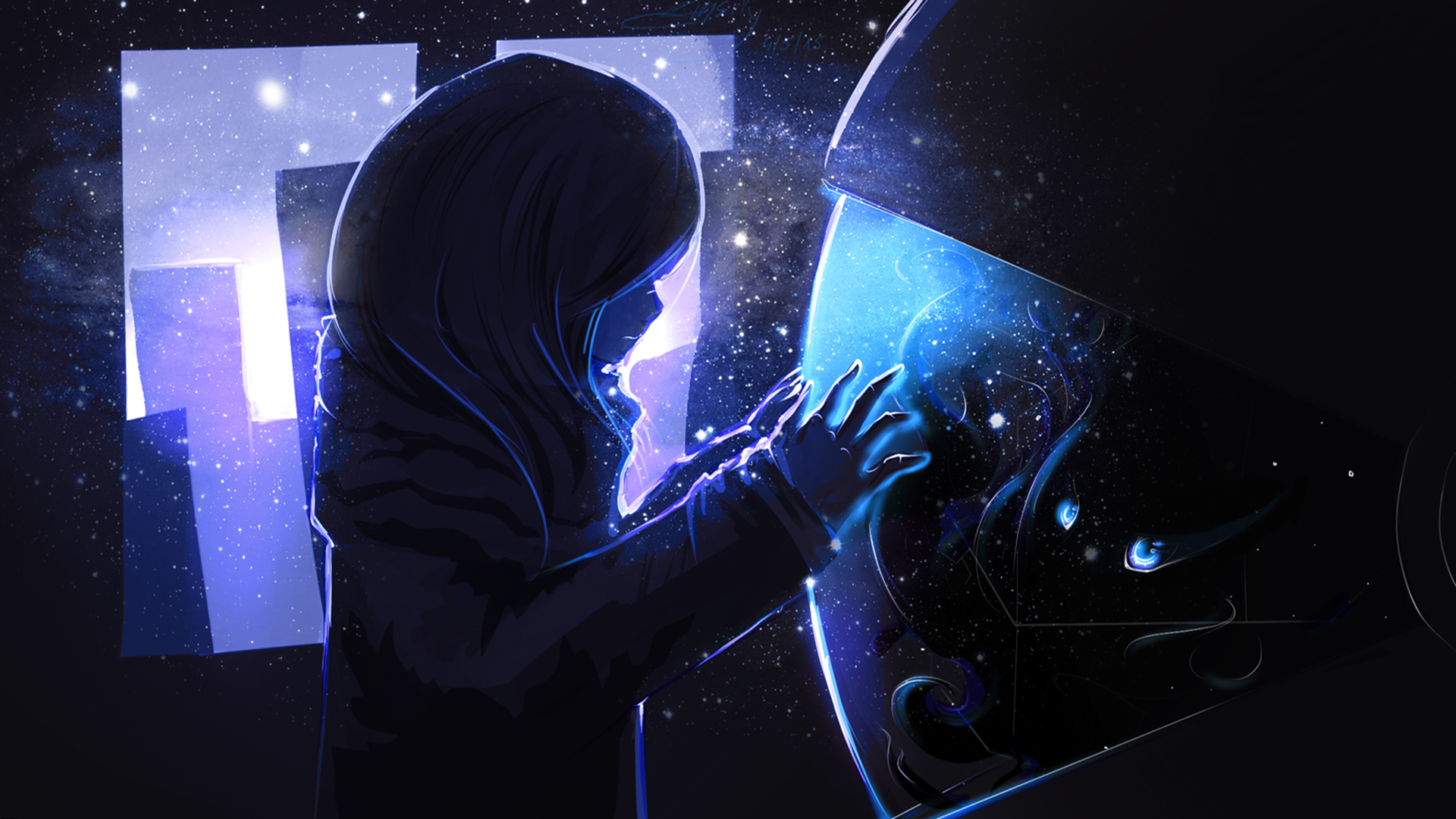 Girl touching a glowing cosmic object HD Wallpaper