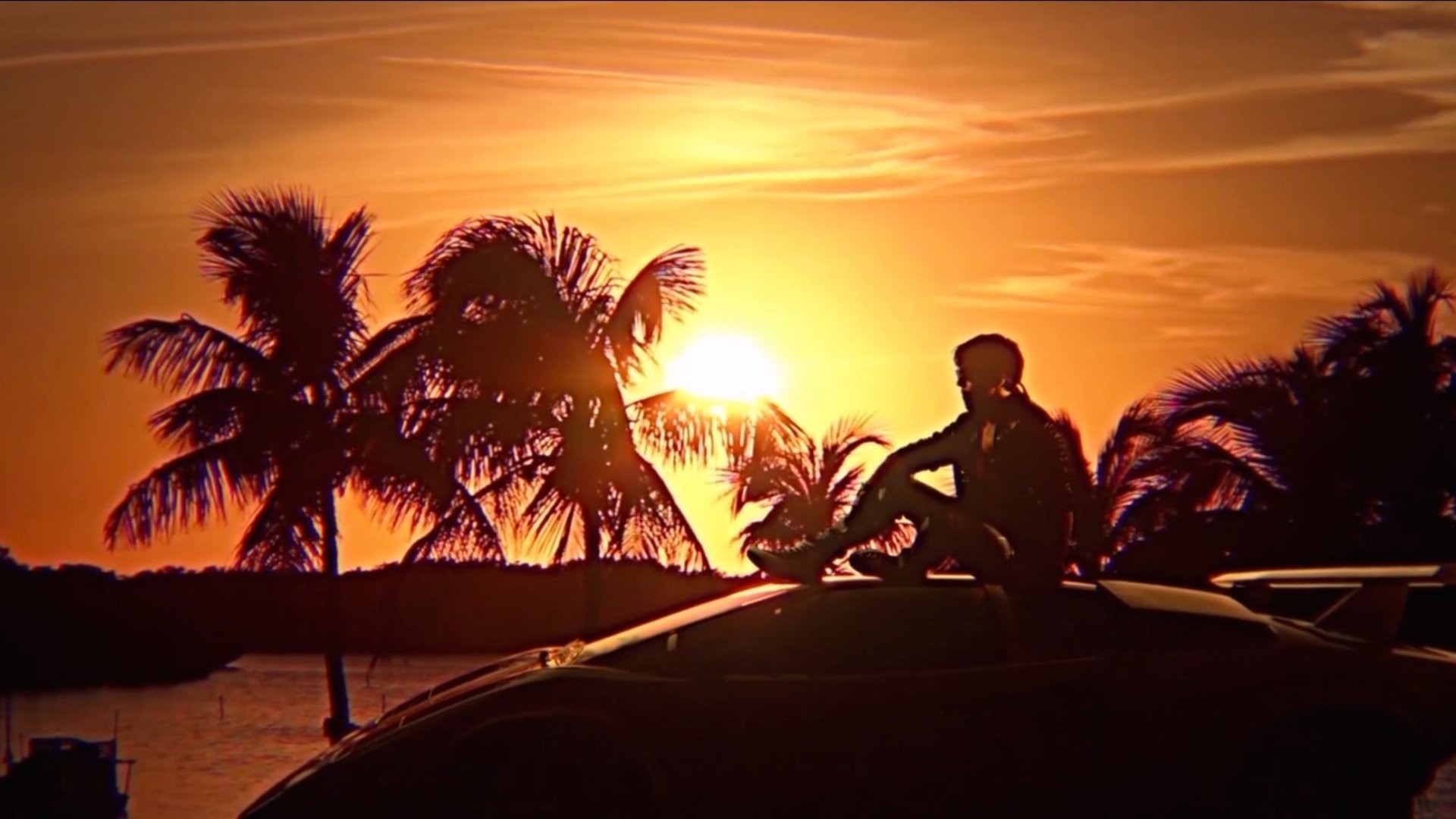 Man sitting on a car during sunset with palm trees HD Wallpaper
