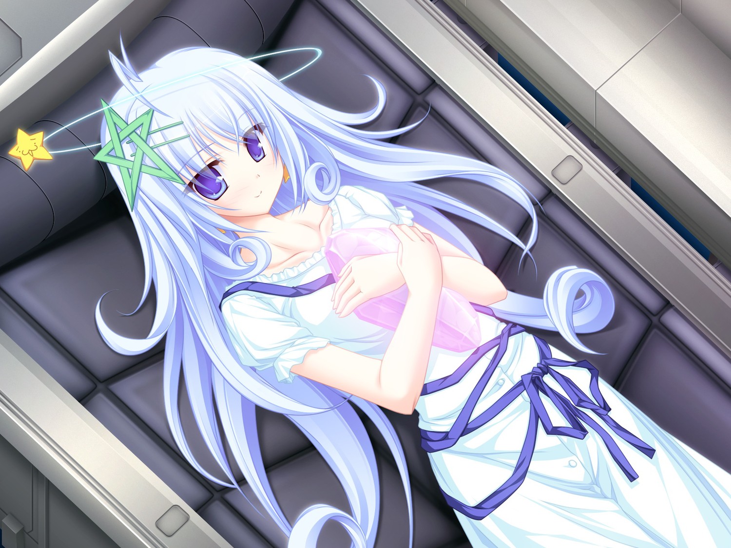 Anime girl with purple eyes and white hair lying down HD Wallpaper