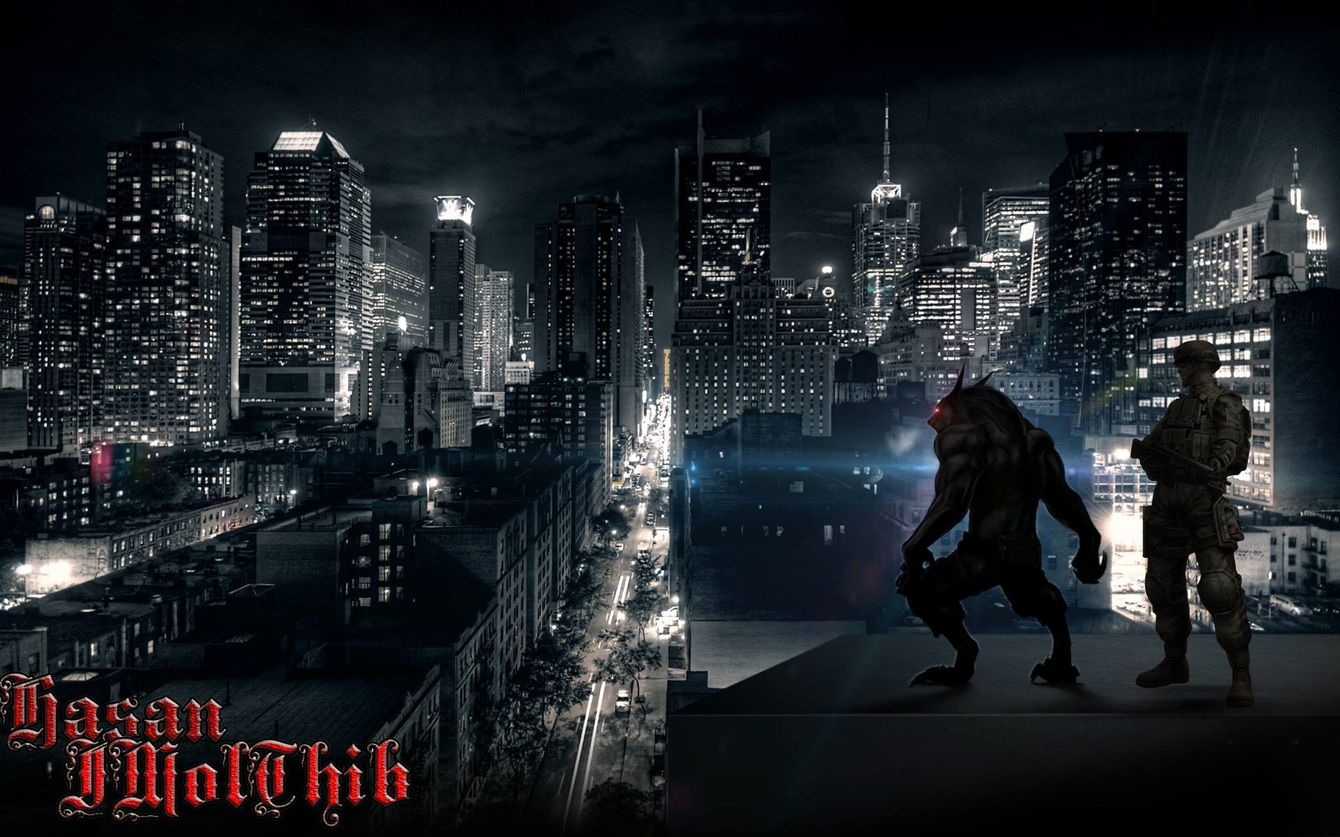 WolfTeam screenshot of a werewolf and soldier in a city at night HD Wallpaper