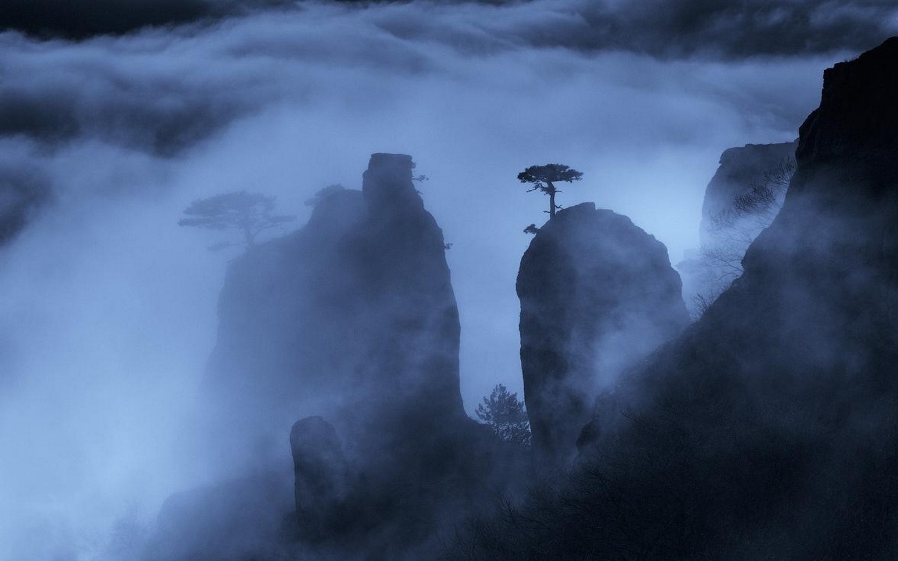 Misty mountains with trees and rock formations HD Wallpaper