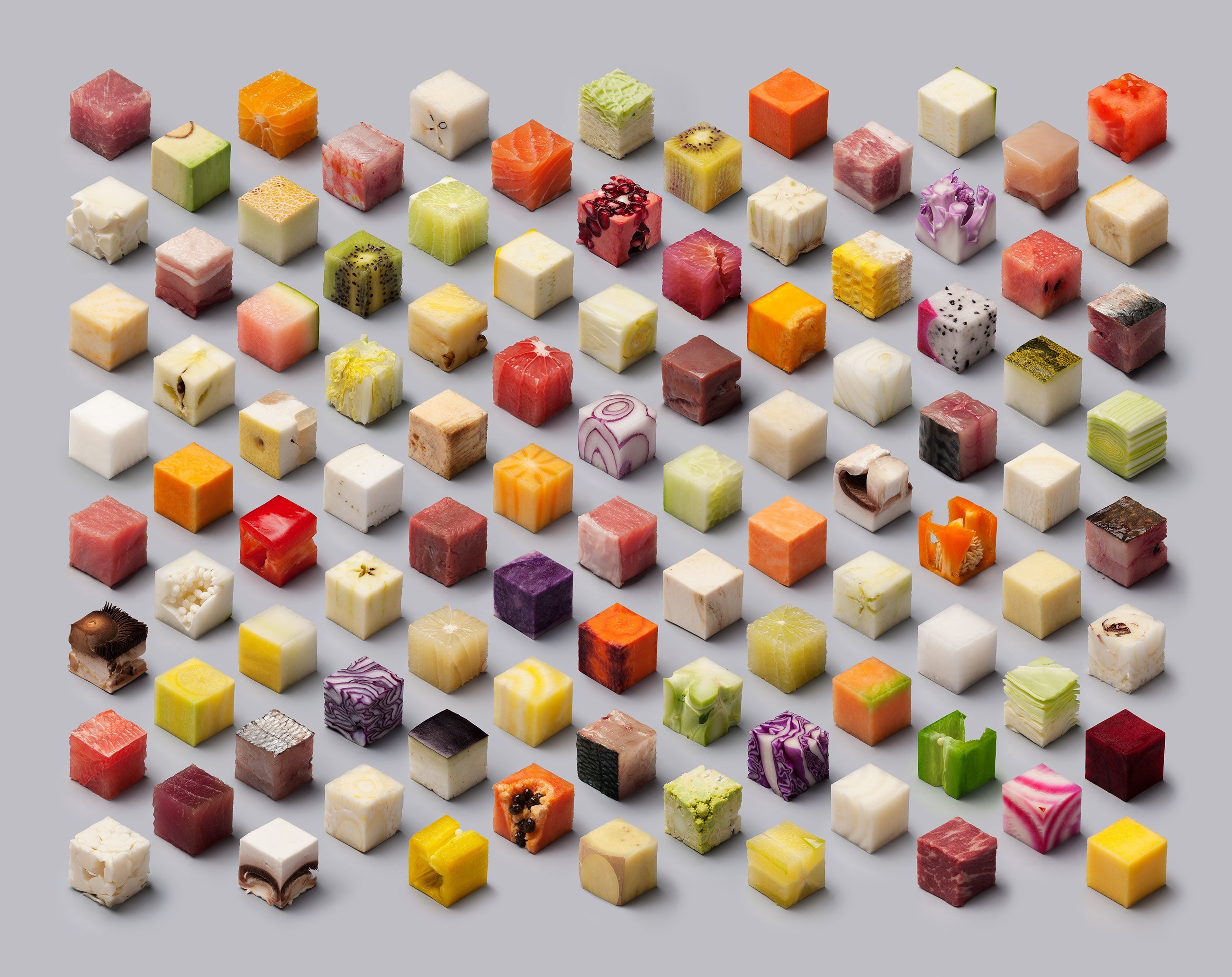 Assortment of food cubes on a gray background HD Wallpaper