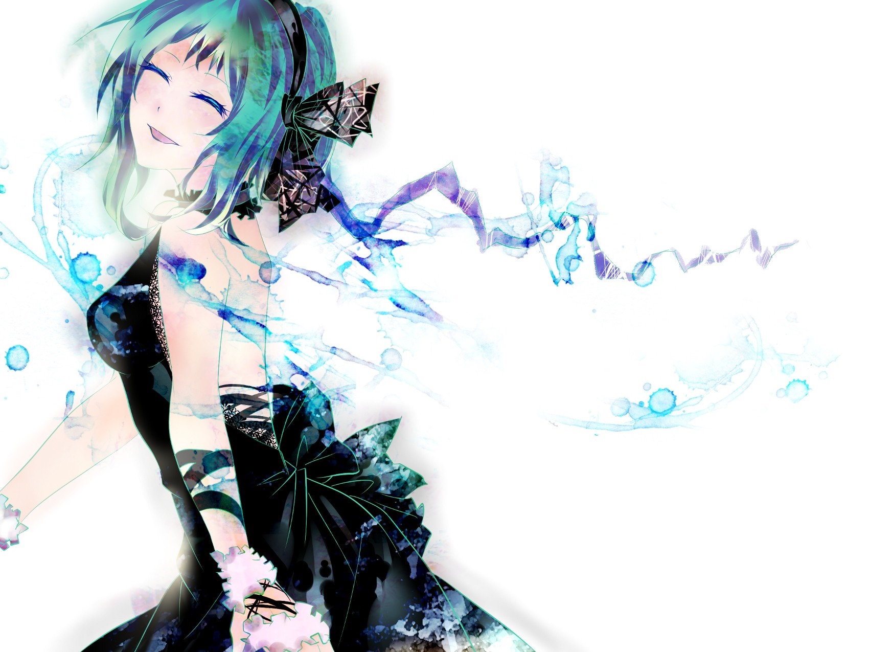 Megpoid Gumi from Vocaloid in a black dress with blue effects HD Wallpaper
