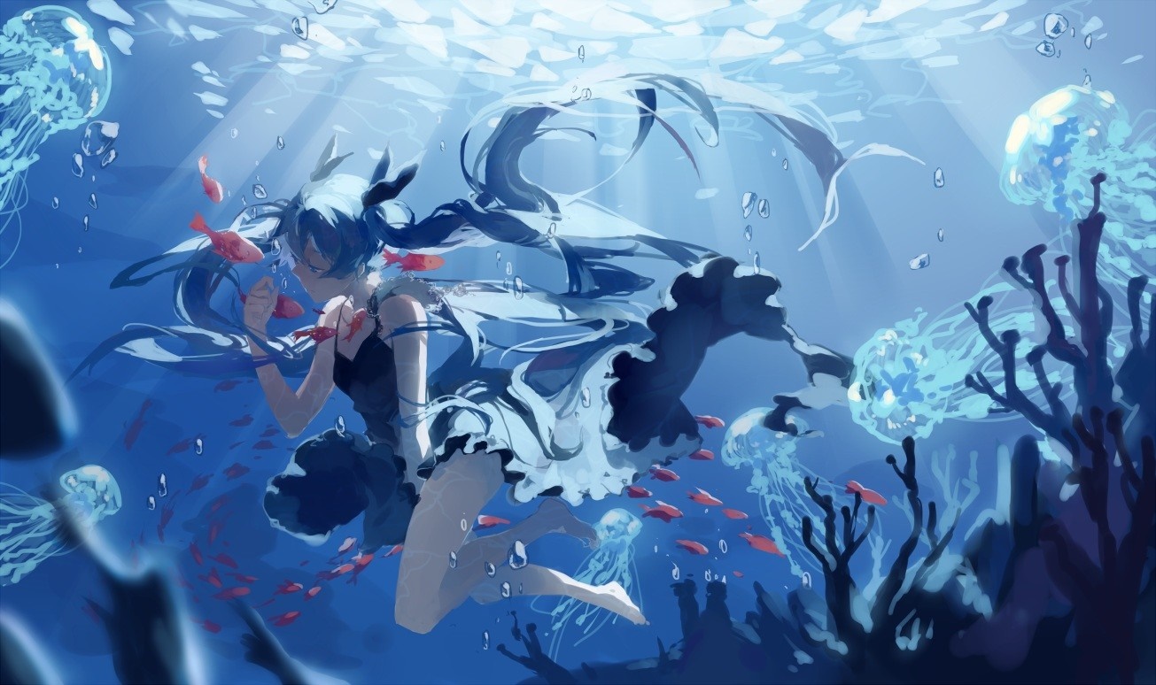 Hatsune Miku Underwater with Jellyfish HD Wallpaper