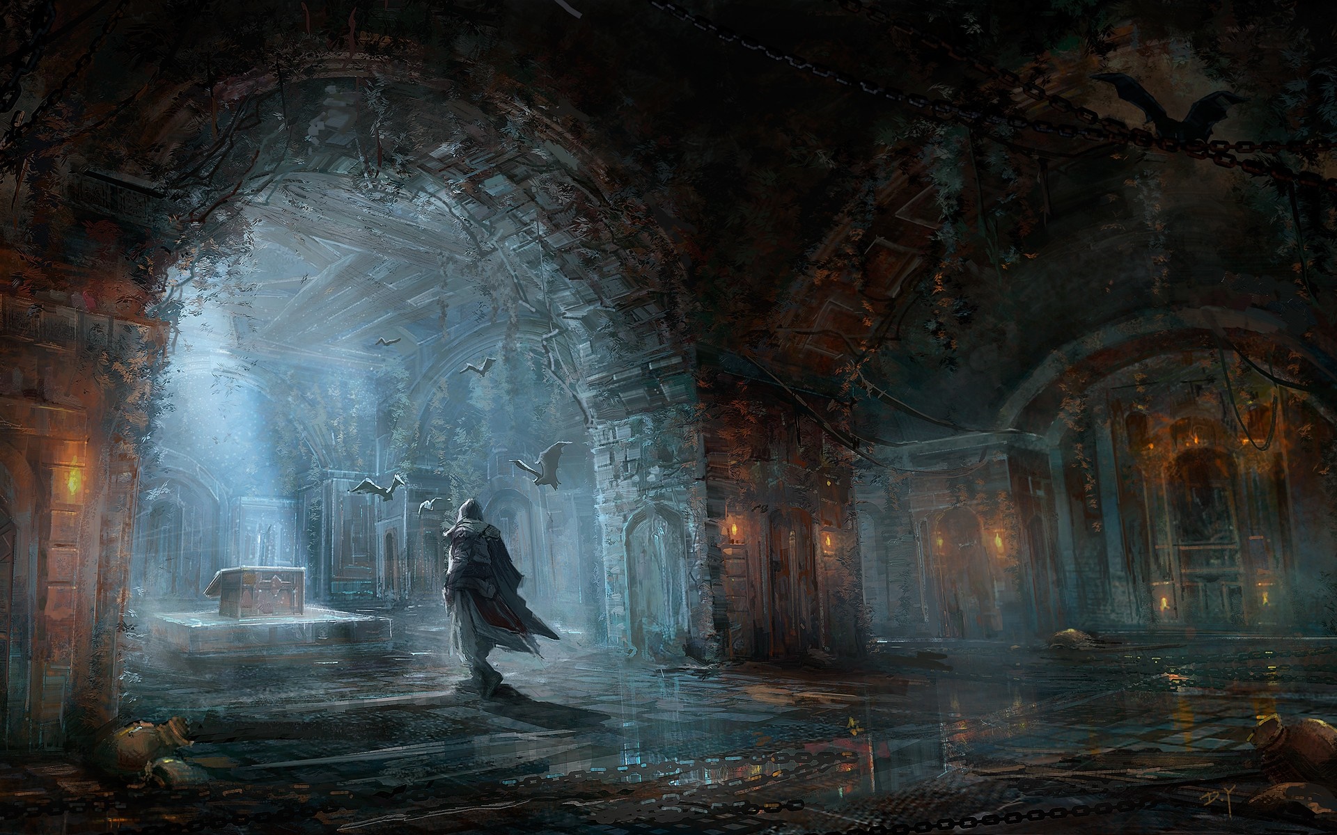 Assassin from Assassin's Creed in a dark cave HD Wallpaper