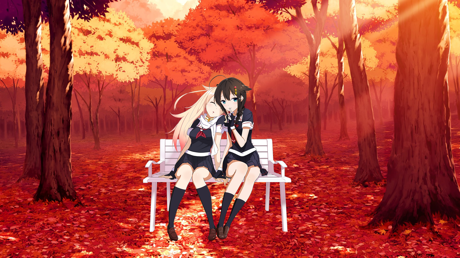 Two anime girls from Kantai Collection in autumn forest HD Wallpaper