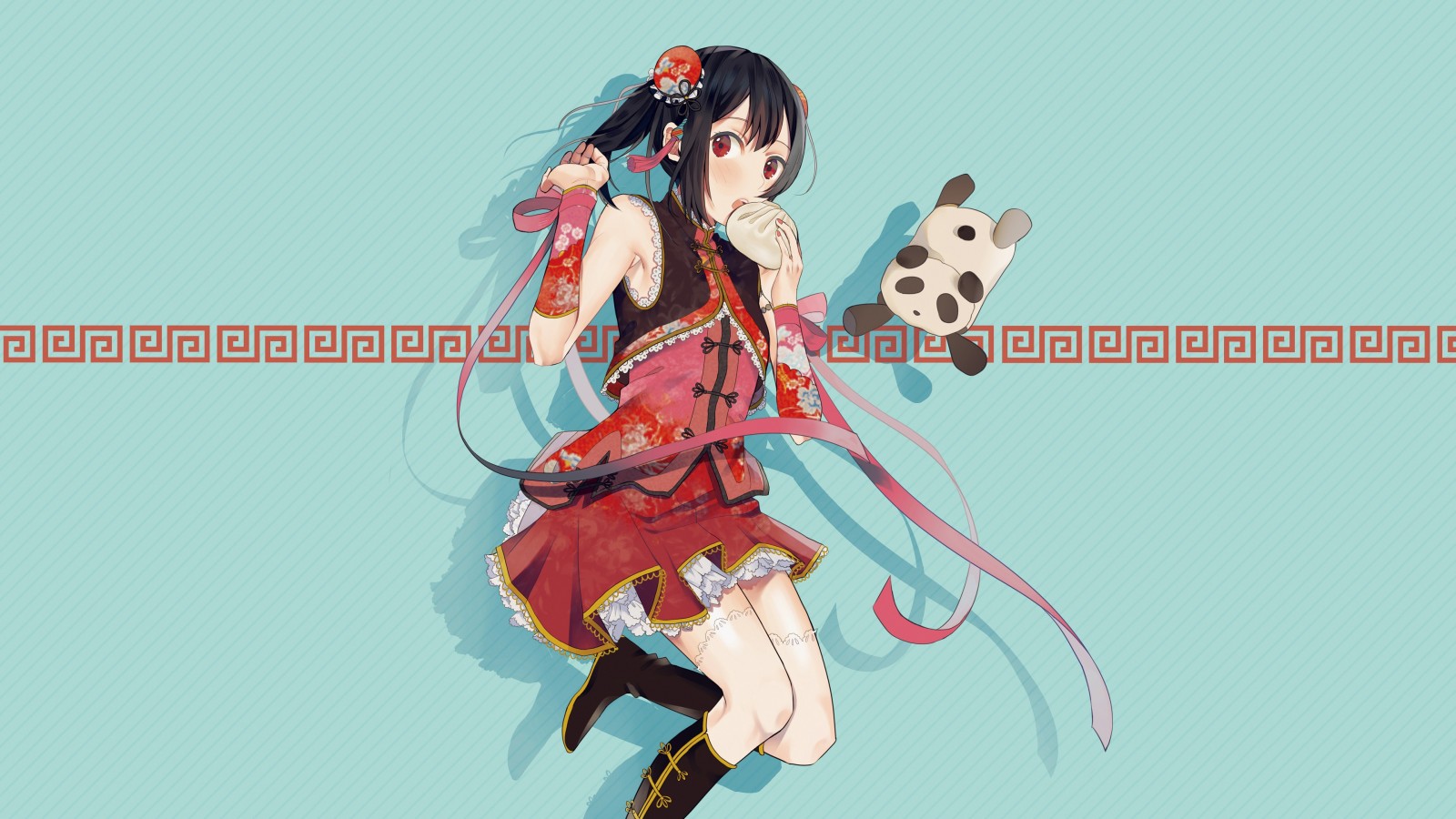 Anime girl in traditional Chinese dress eating a bun HD Wallpaper