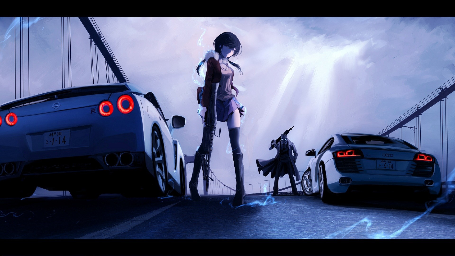 Anime Girl with Nissan GT-R and Audi R8 on Bridge HD Wallpaper