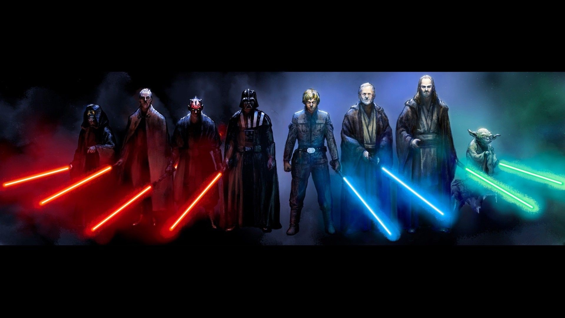 Star Wars characters with lightsabers HD Wallpaper
