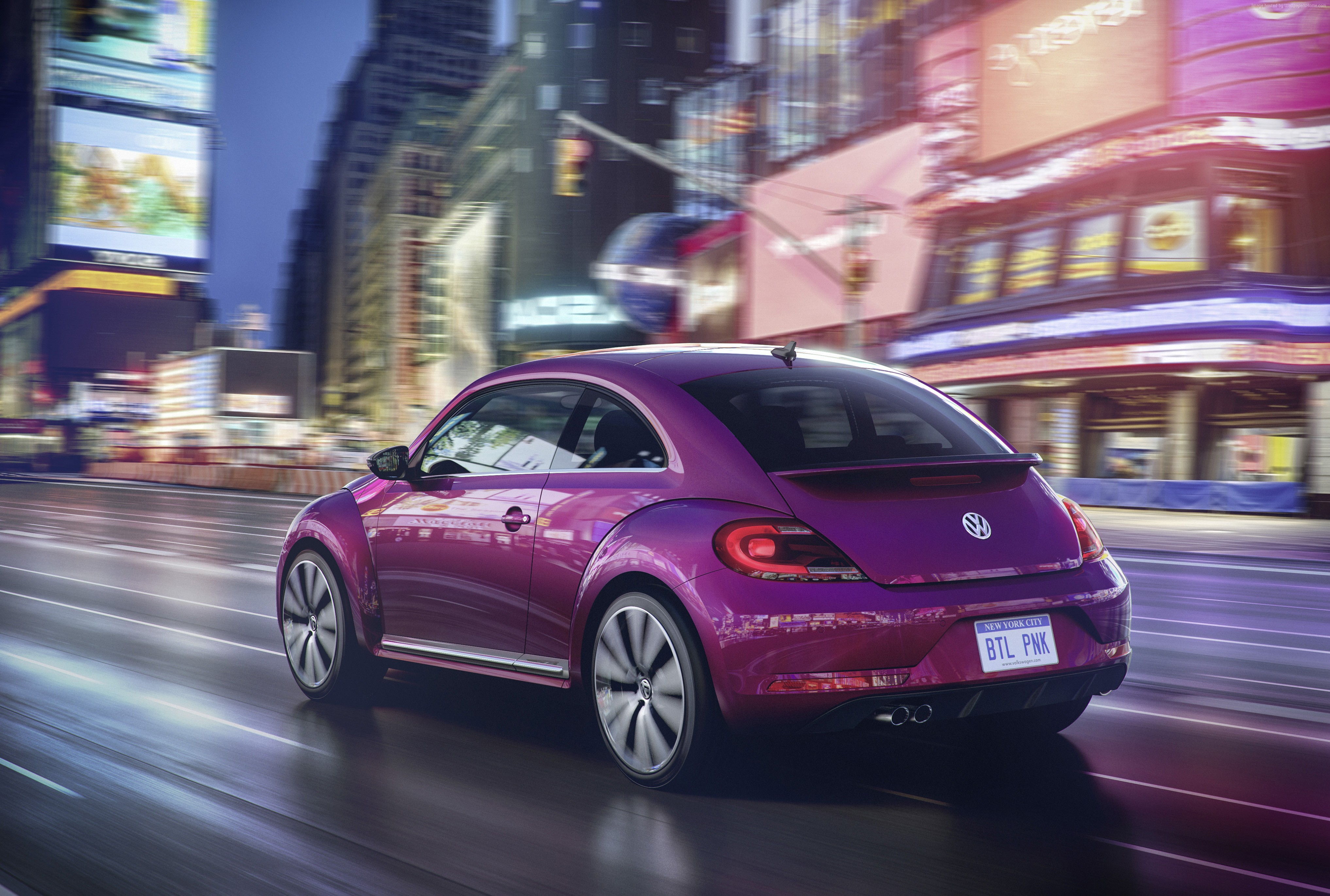 Purple Volkswagen Beetle driving in city at night HD Wallpaper