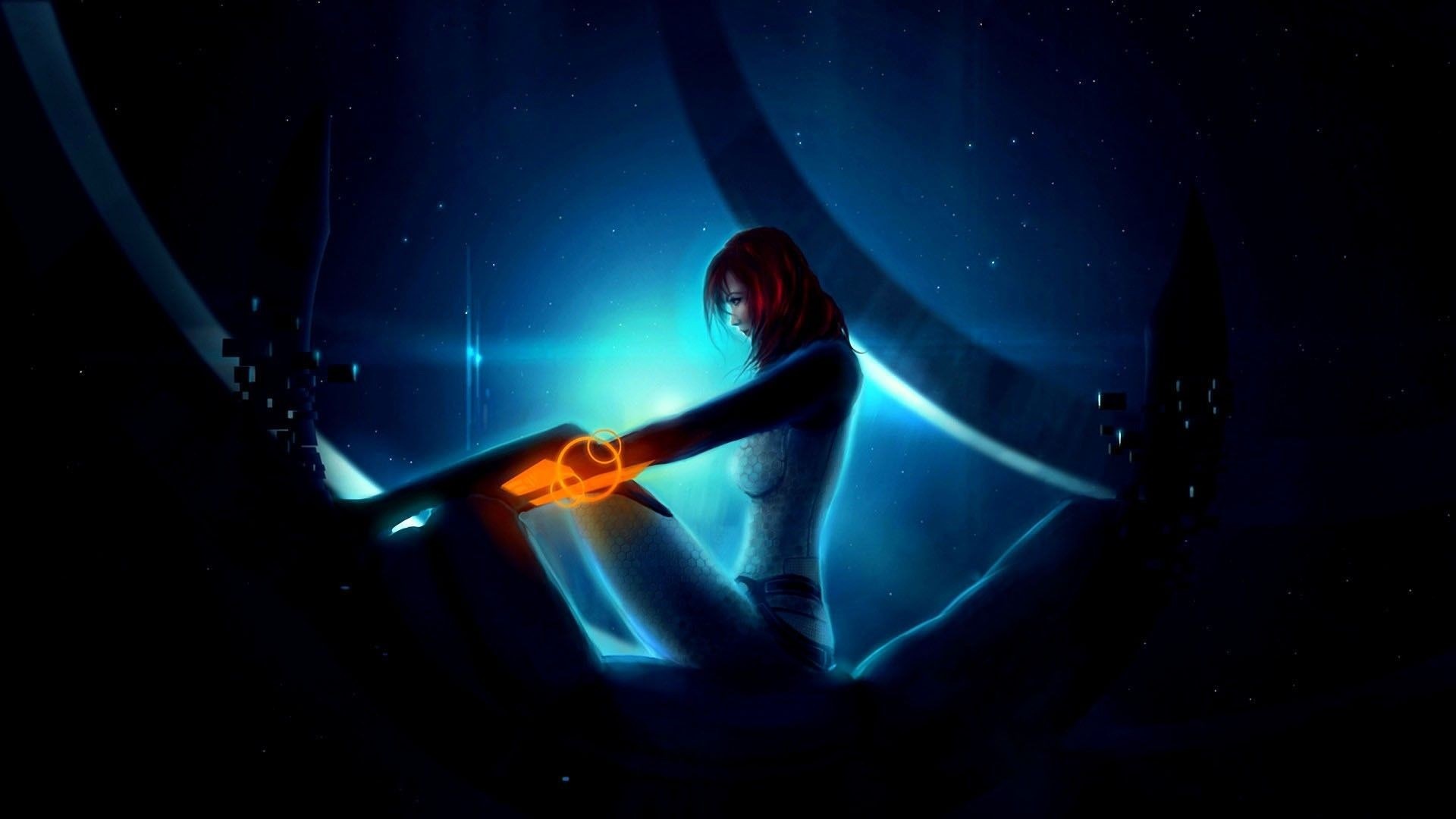 Female character in a futuristic setting with glowing bracelets HD Wallpaper