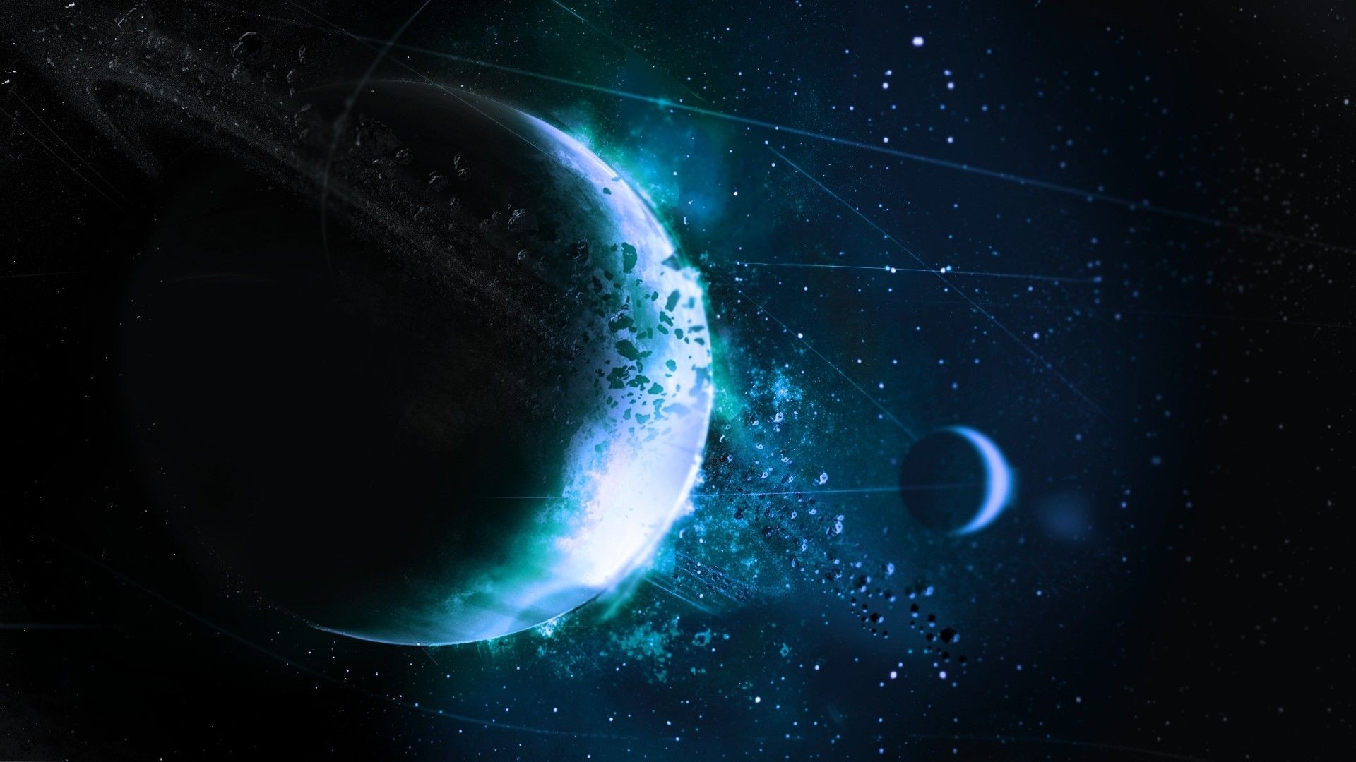 Planet with rings and moon in space HD Wallpaper