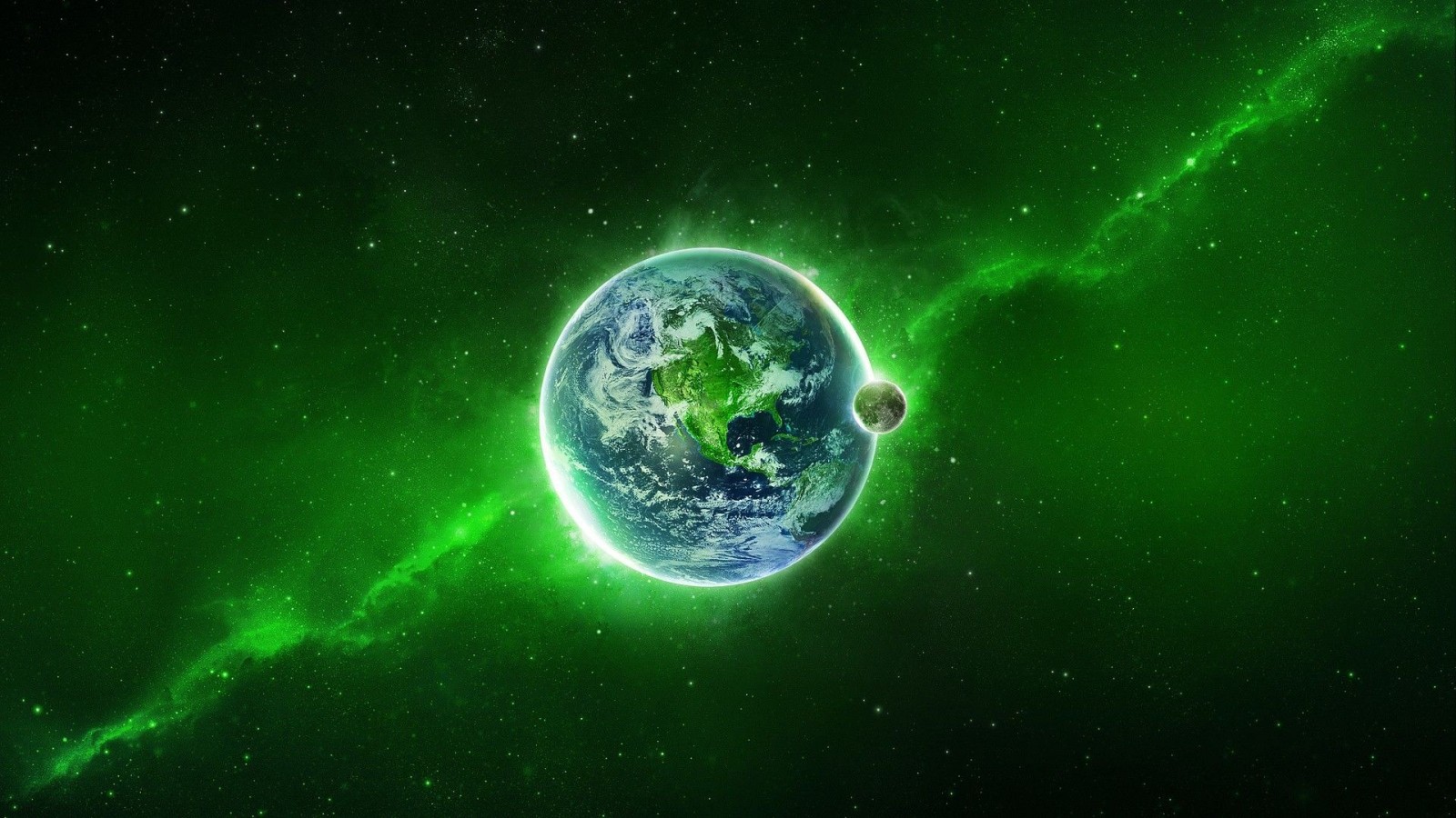 Earth and Moon in a green nebula HD Wallpaper
