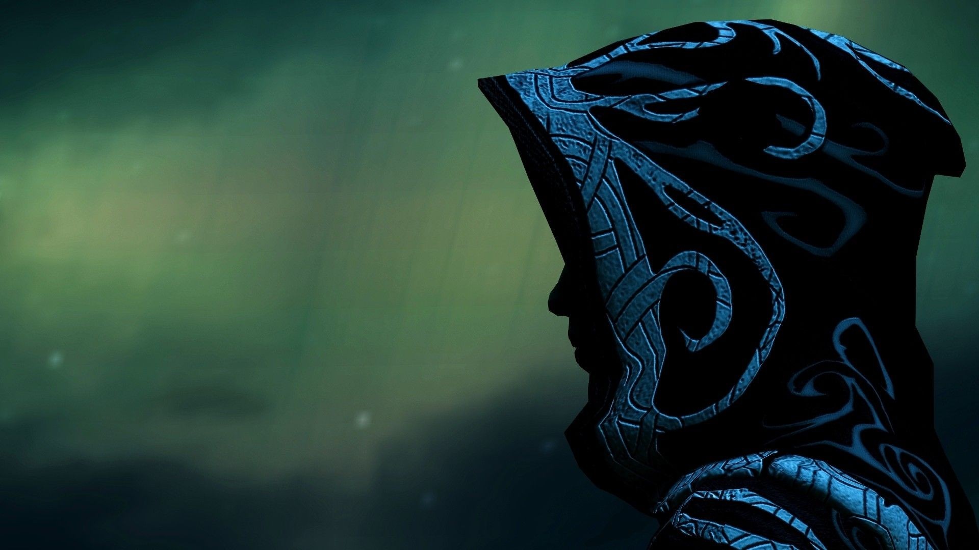 Close up of a hooded figure in blue robes HD Wallpaper