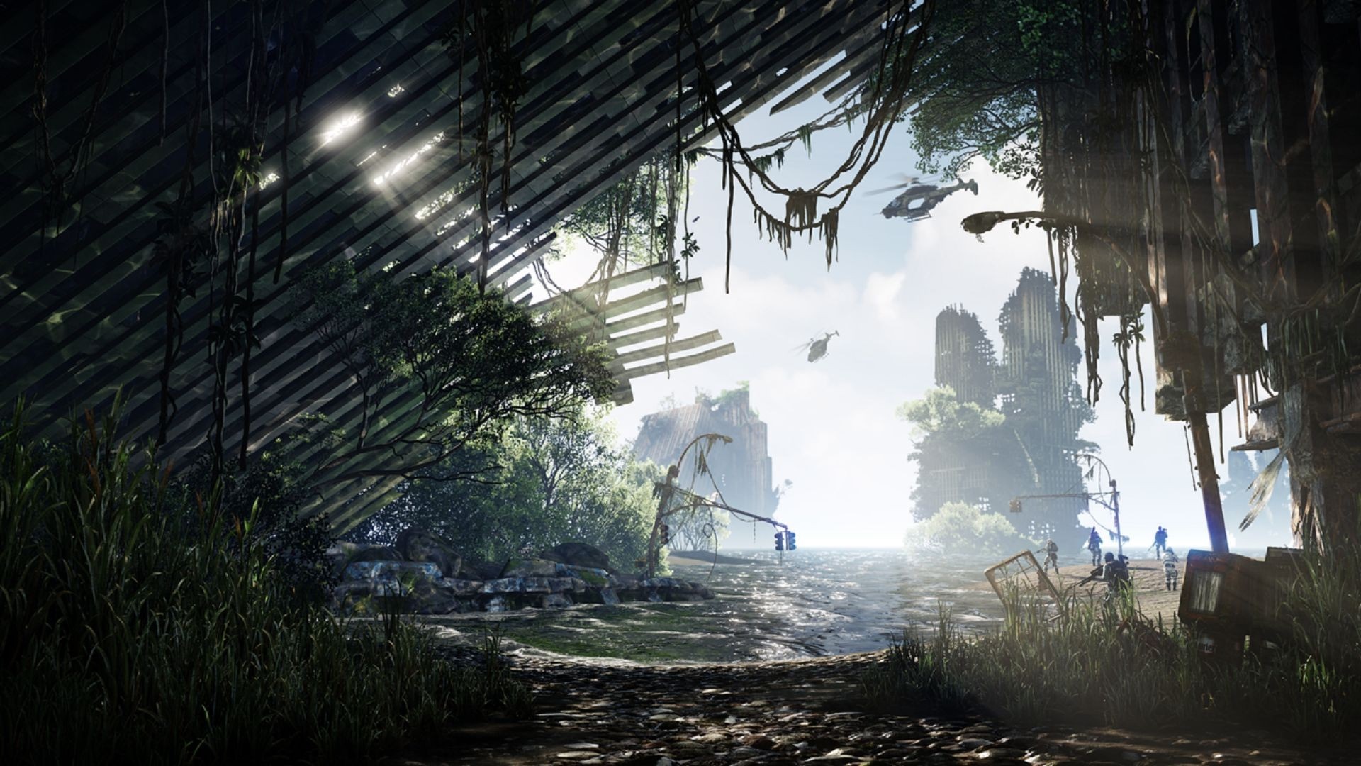 Post-apocalyptic jungle with helicopters and ruins HD Wallpaper