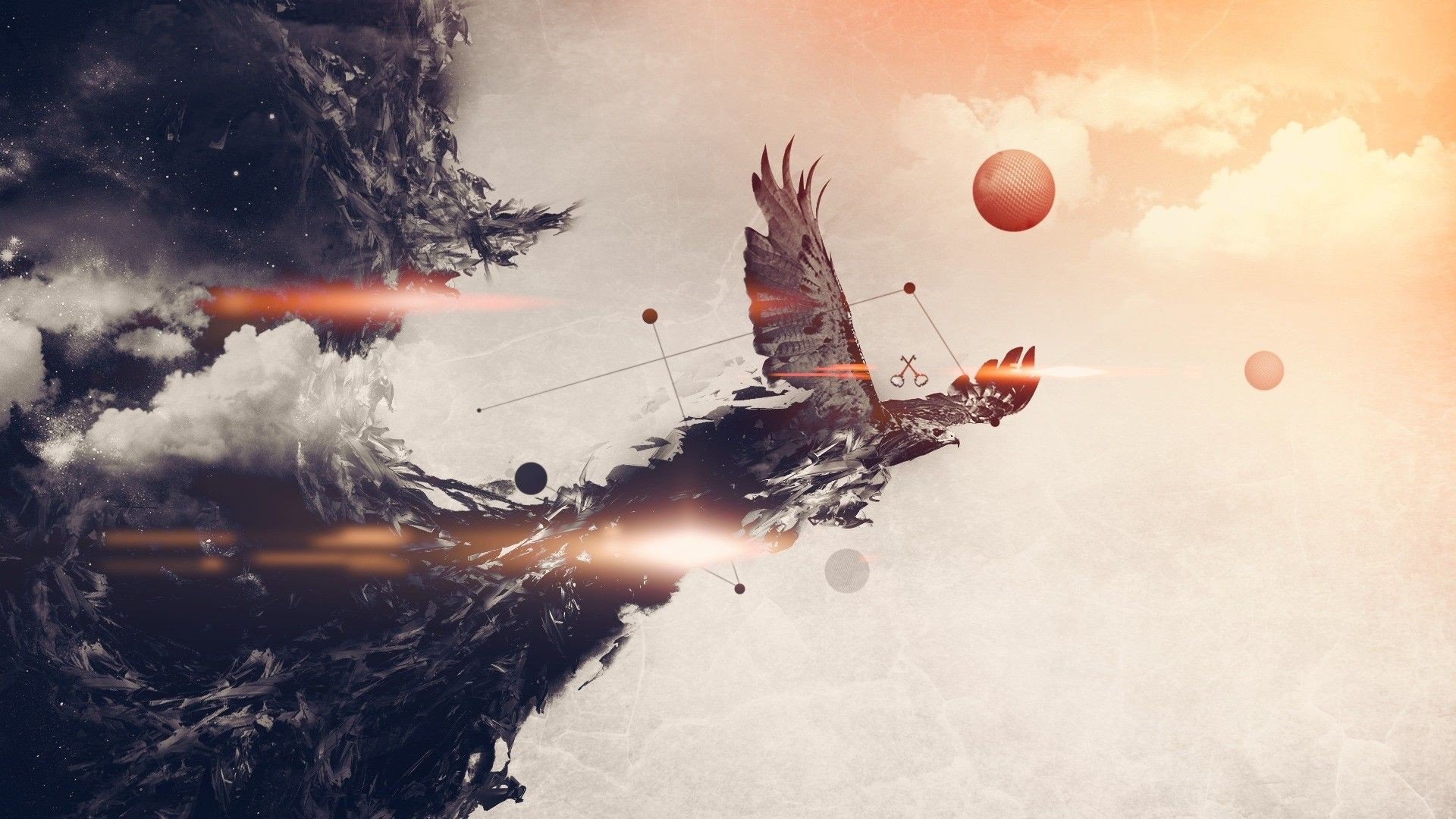 Digital art of a bird in space with abstract elements HD Wallpaper