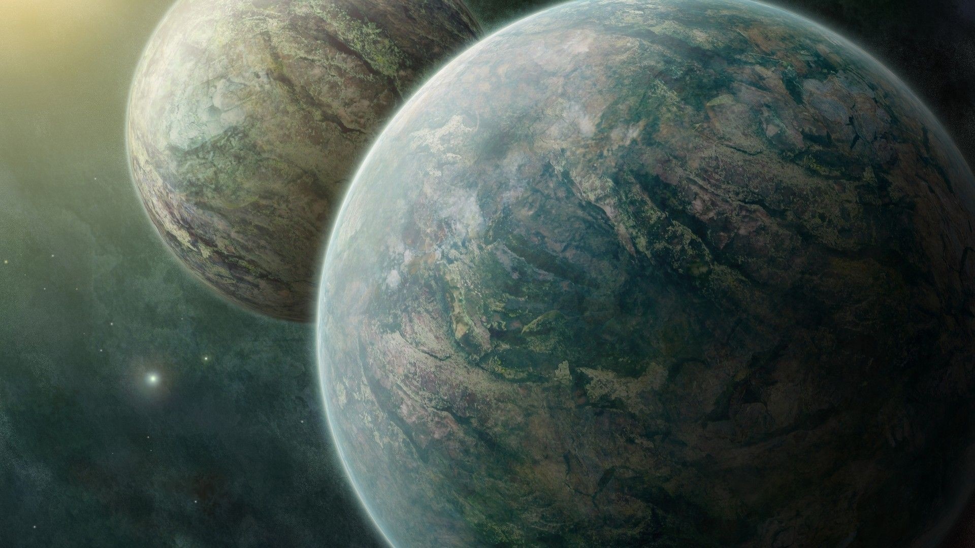 Two planets in space with a distant star HD Wallpaper