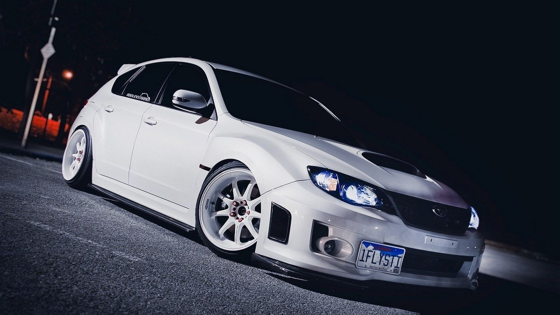 White Subaru Impreza WRX STi hatchback with custom wheels HD Wallpaper
