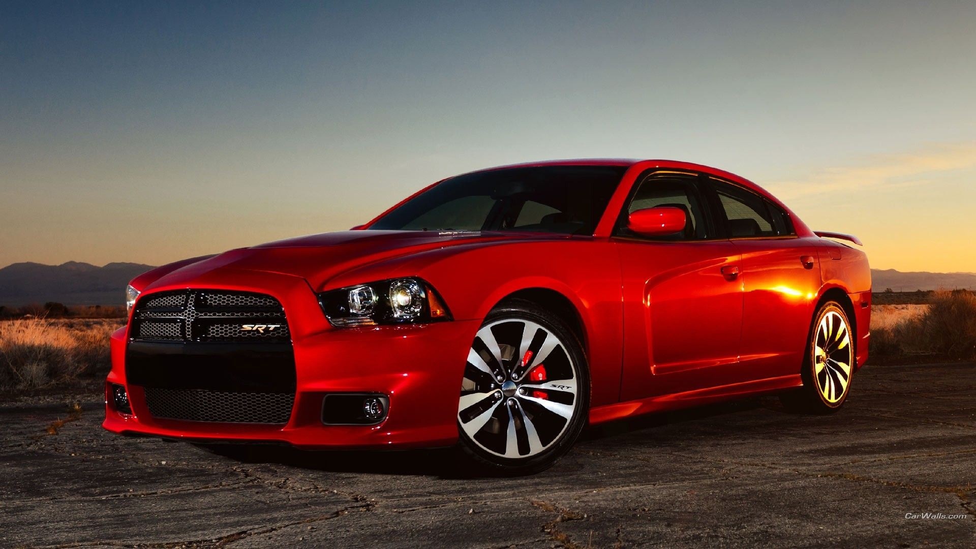 Red Dodge Charger SRT parked at sunset HD Wallpaper
