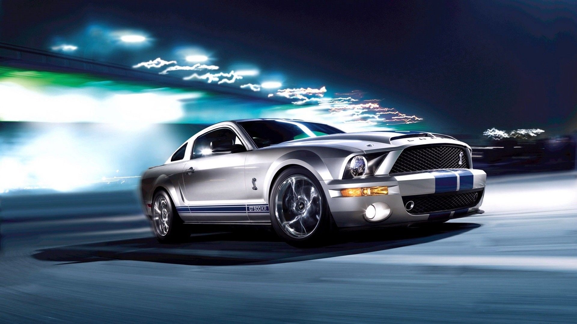 Silver Shelby Mustang GT500 driving at night HD Wallpaper
