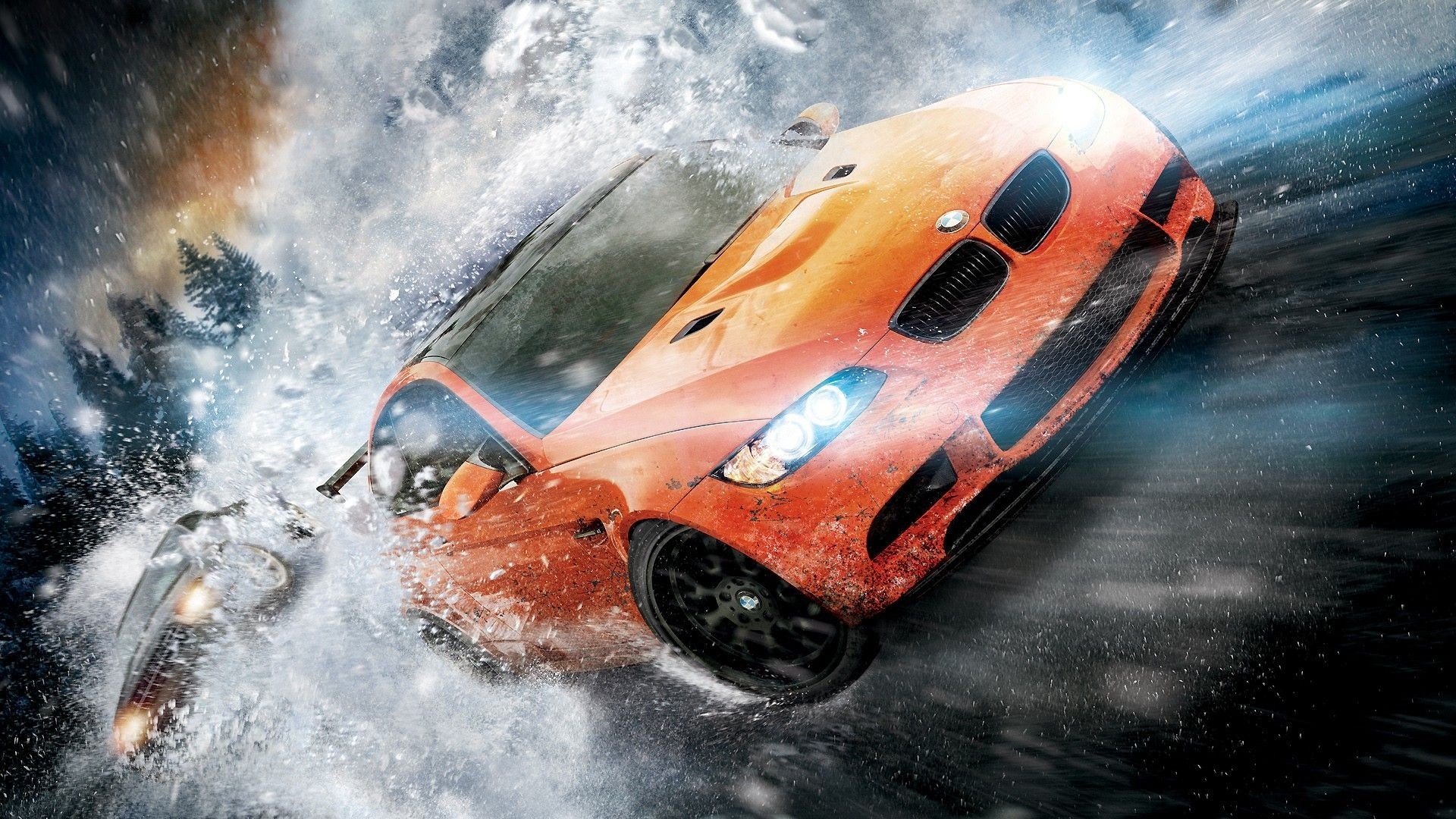 Orange BMW sports car driving through water and snow HD Wallpaper